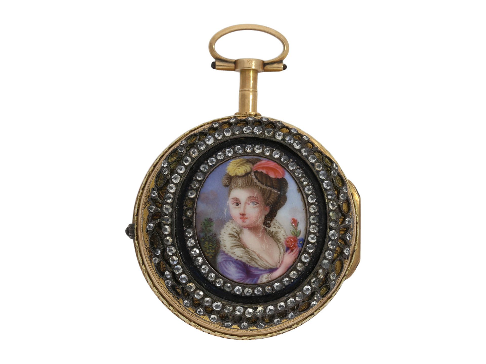 Pocket watch: museum-like and only known to us Abraham Colomby gold/ enamel verge watch with - Bild 2 aus 8