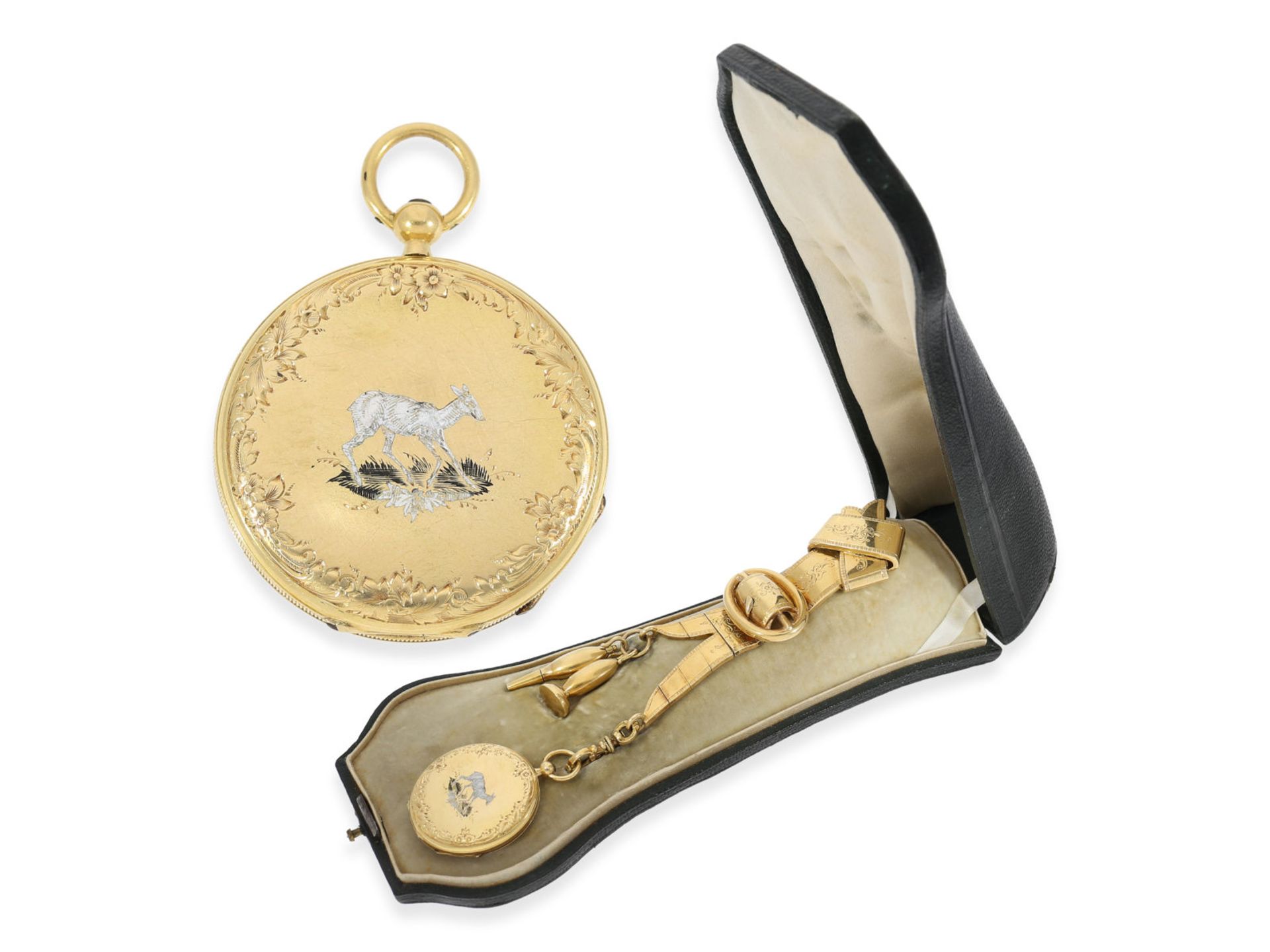 Pocket watch/ chatelaine watch: fine gold/ enamel lady's watch with original gold chatelaine with