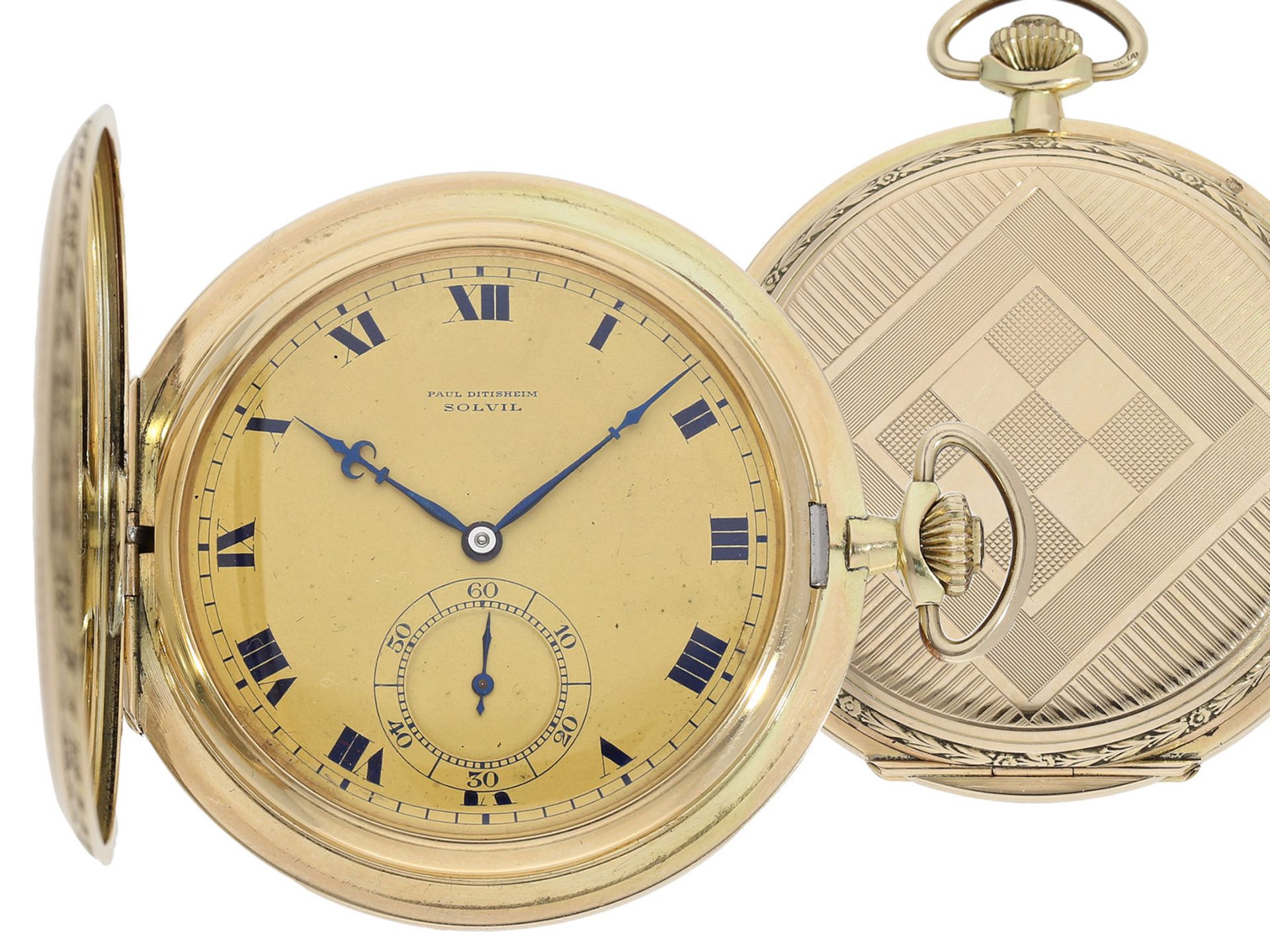 Pocket watch: especially large and elegant Art Deco gold hunting case watch in very good