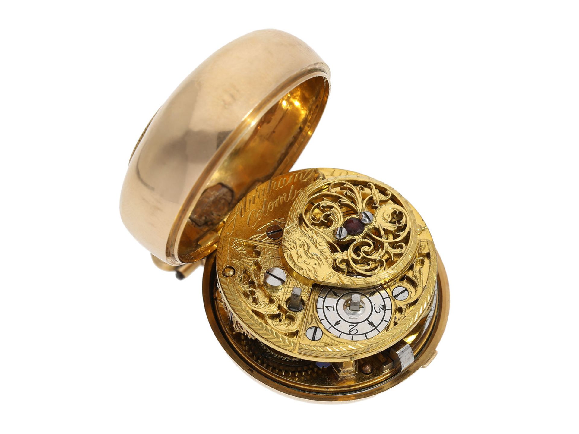 Pocket watch: museum-like and only known to us Abraham Colomby gold/ enamel verge watch with - Bild 7 aus 8