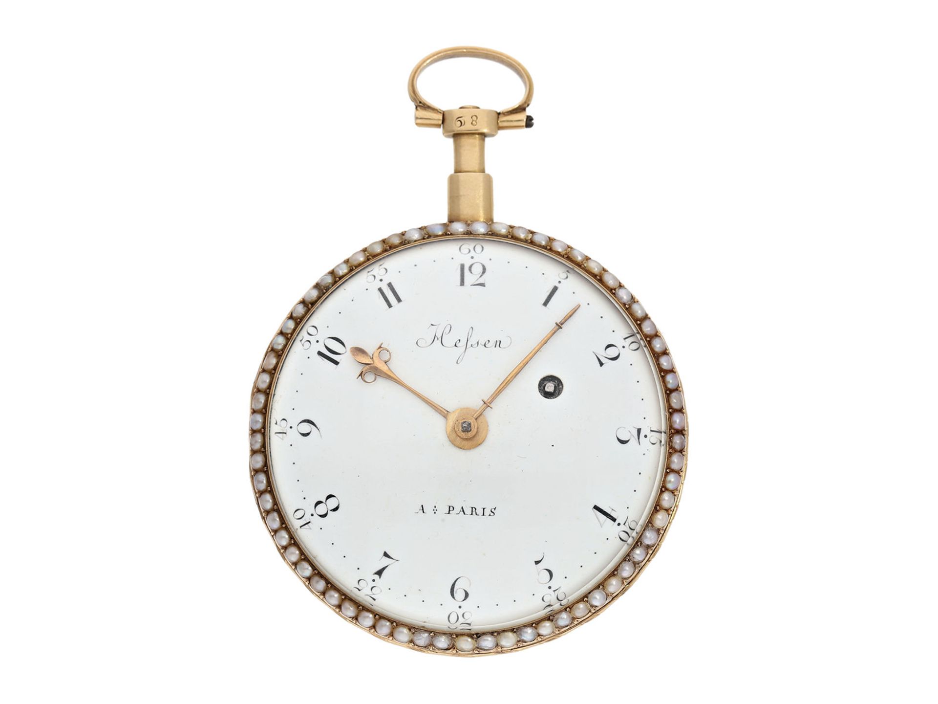 Pocket watch: large and very fine gold/ enamel verge watch set with pearls on both sides and - Bild 2 aus 7