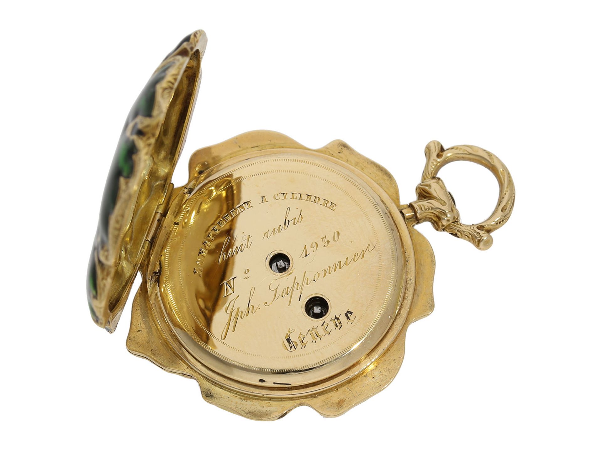 Form watch/ pendant watch: extremely rare gold/ enamel form watch with diamond setting "vine leaf, - Bild 3 aus 8