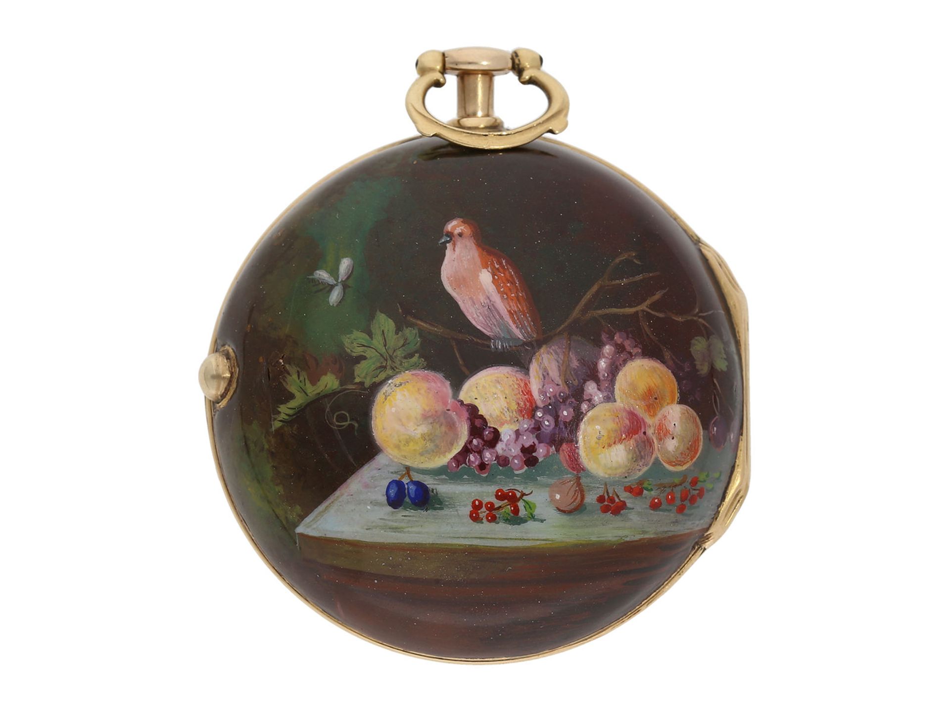 Pocket watch: English pair case gold/ enamel verge watch with very rare still life painting, Alex - Bild 2 aus 8