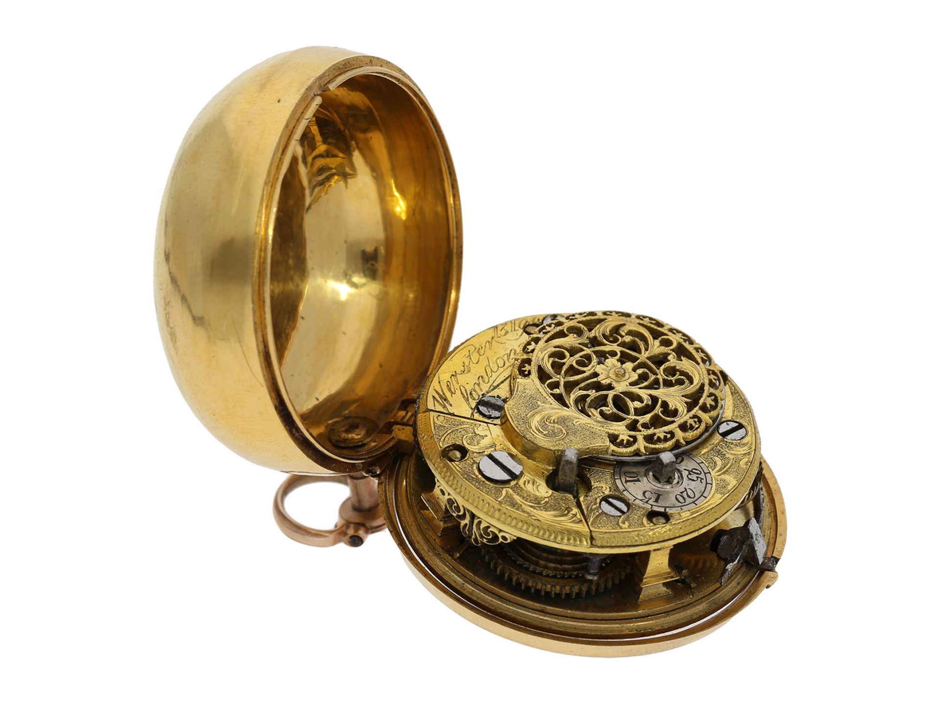 Pocket watch: early English 18K gold repousse pair case verge watch, signed Wersten London, - Bild 6 aus 9