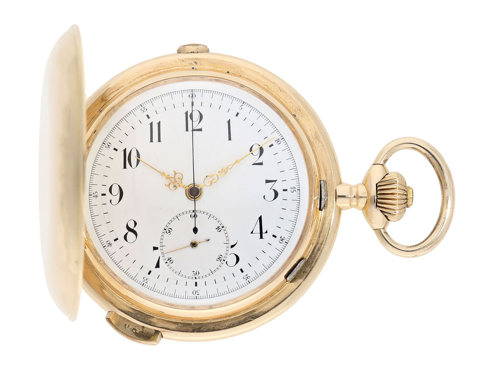 Pocket watch: especially large and heavy Swiss gold hunting case repeater with chronograph, Audemars