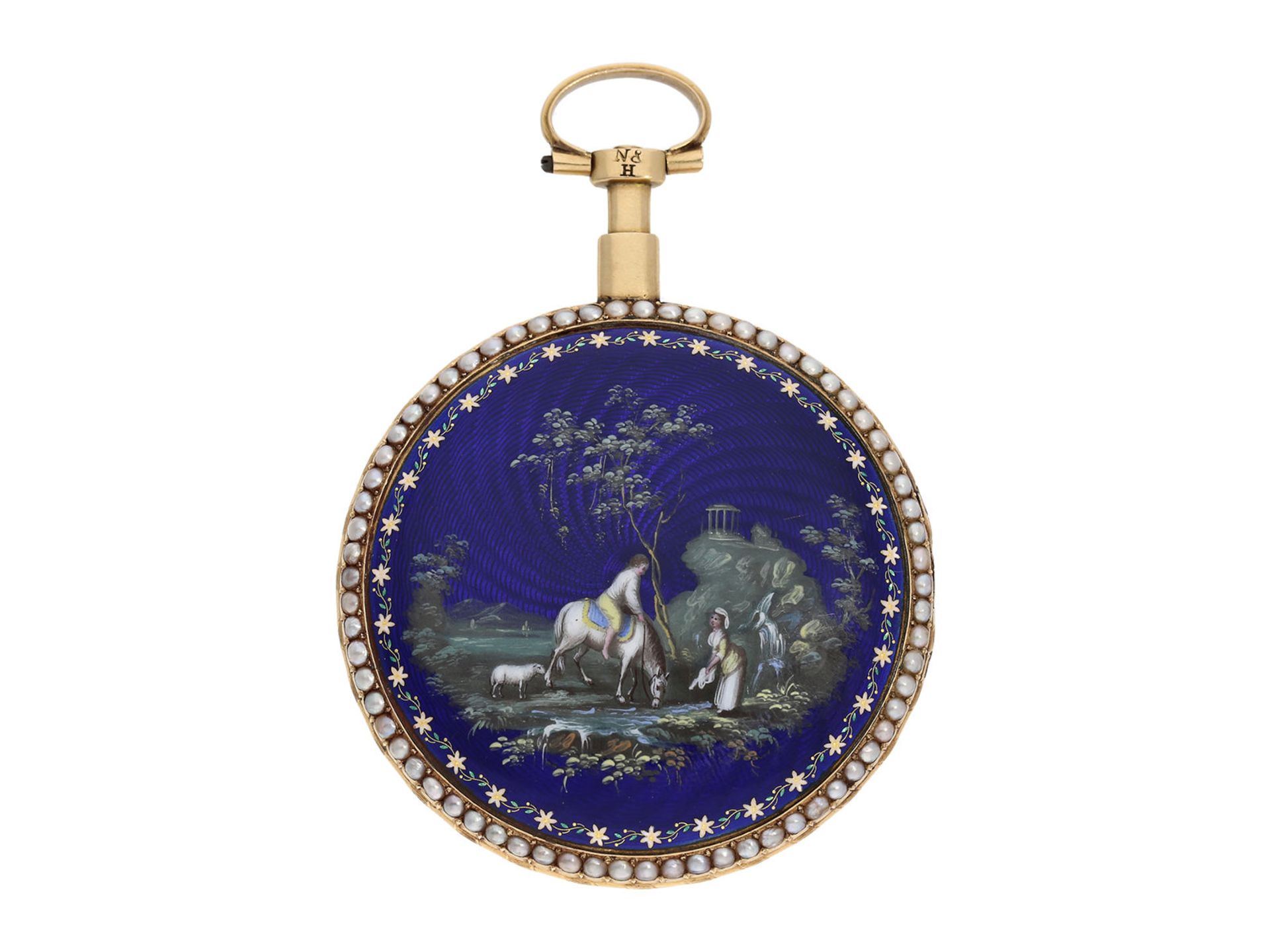 Pocket watch: large and very fine gold/ enamel verge watch set with pearls on both sides and - Bild 3 aus 7