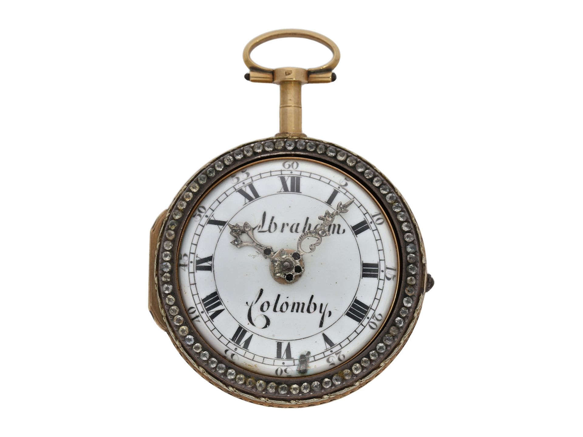 Pocket watch: museum-like and only known to us Abraham Colomby gold/ enamel verge watch with - Bild 3 aus 8