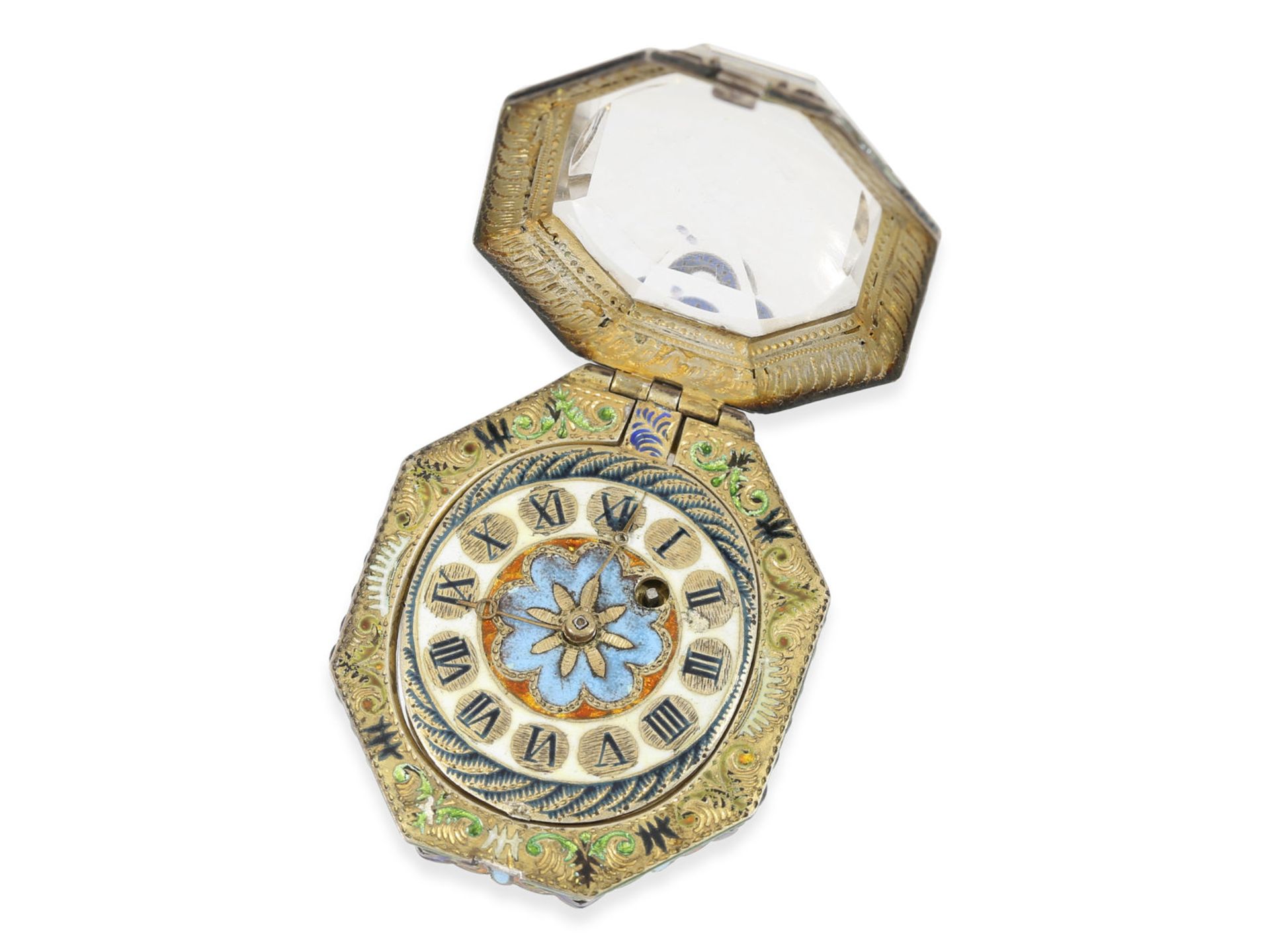 Pendant watch: octagonal enamelled rock crystal pendant watch, Anton Fichs in Vienna, ca.1800Ca. - Bild 3 aus 6