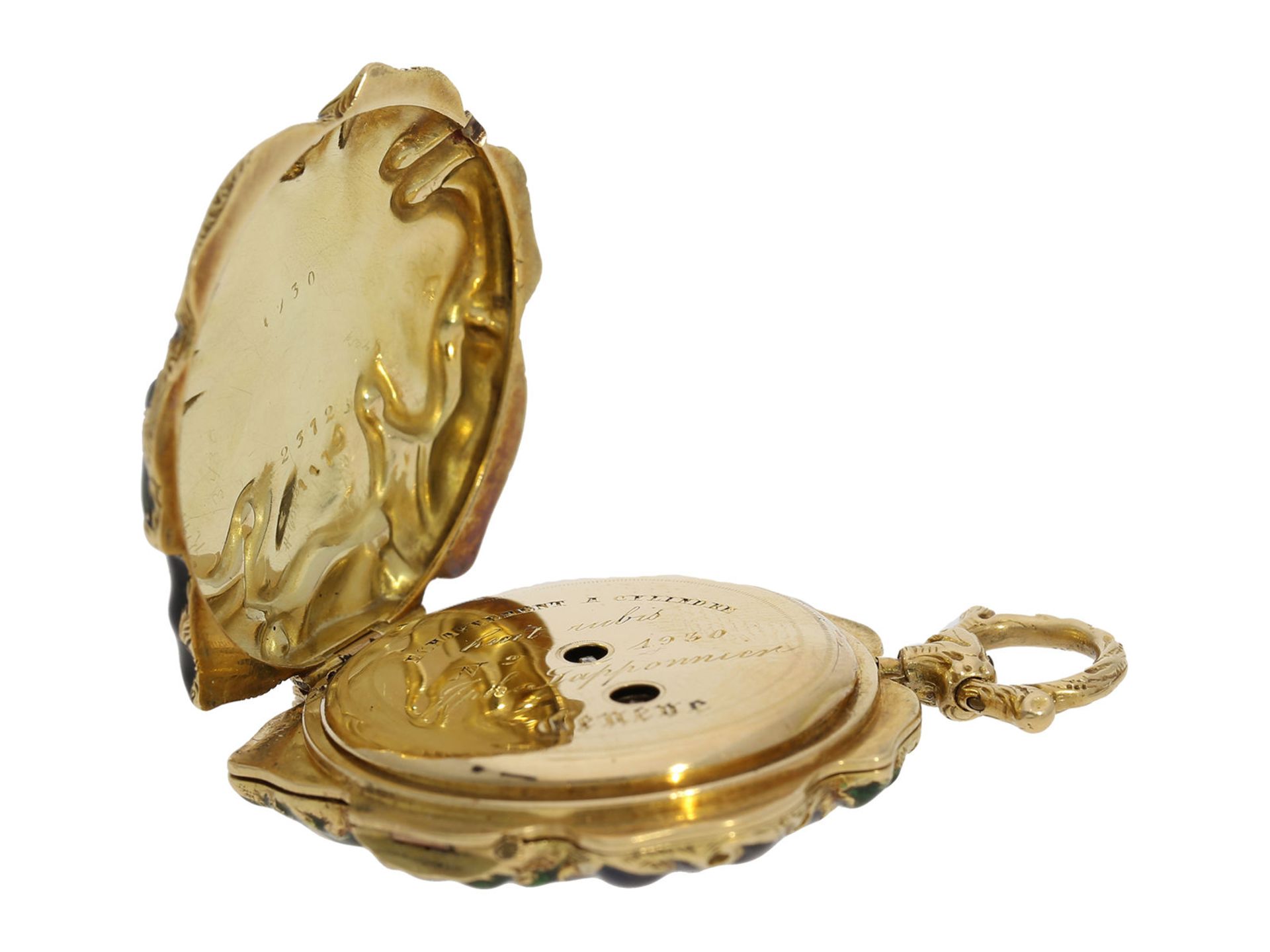 Form watch/ pendant watch: extremely rare gold/ enamel form watch with diamond setting "vine leaf, - Bild 4 aus 8
