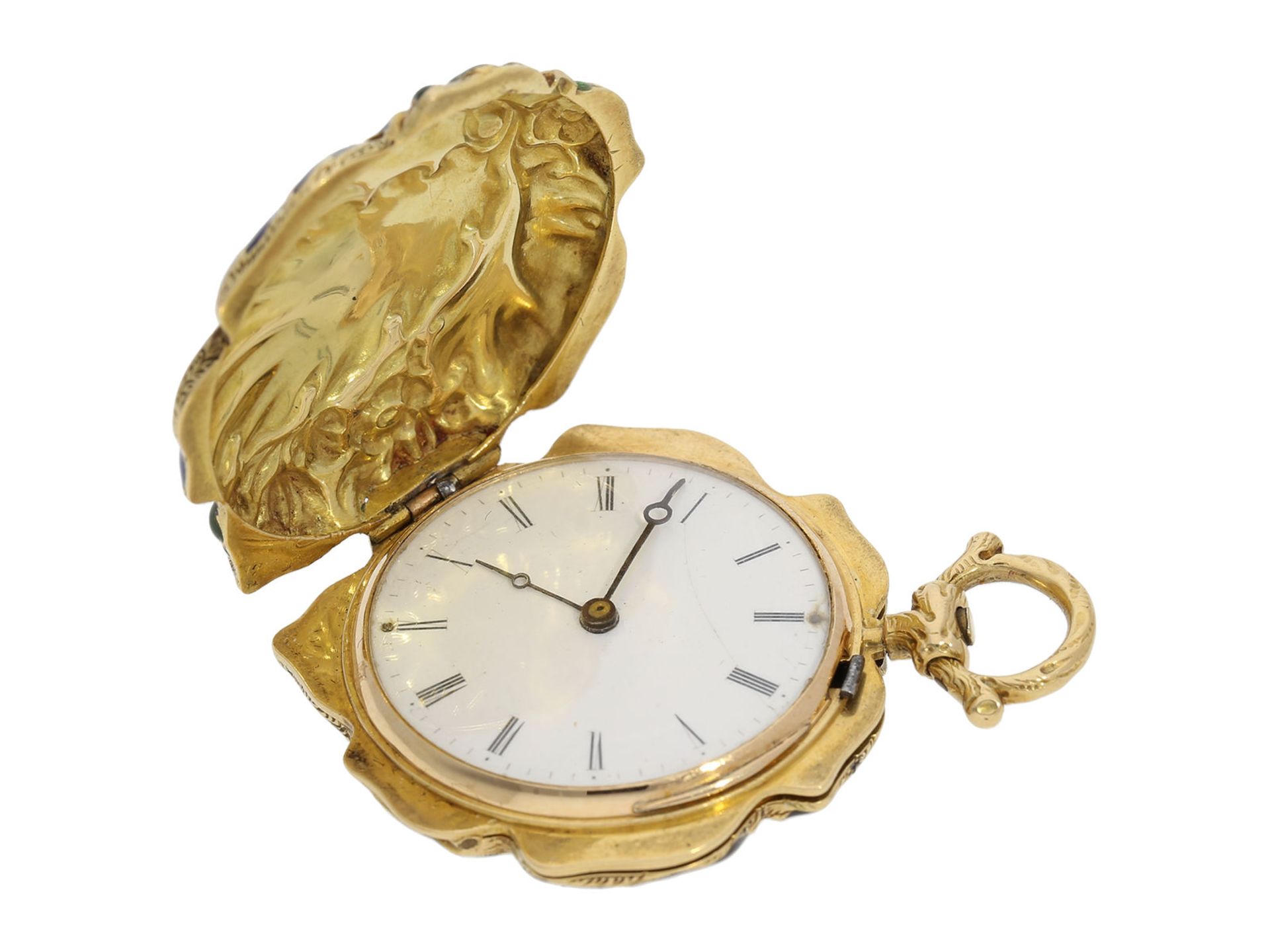 Form watch/ pendant watch: extremely rare gold/ enamel form watch with diamond setting "vine leaf, - Bild 6 aus 8
