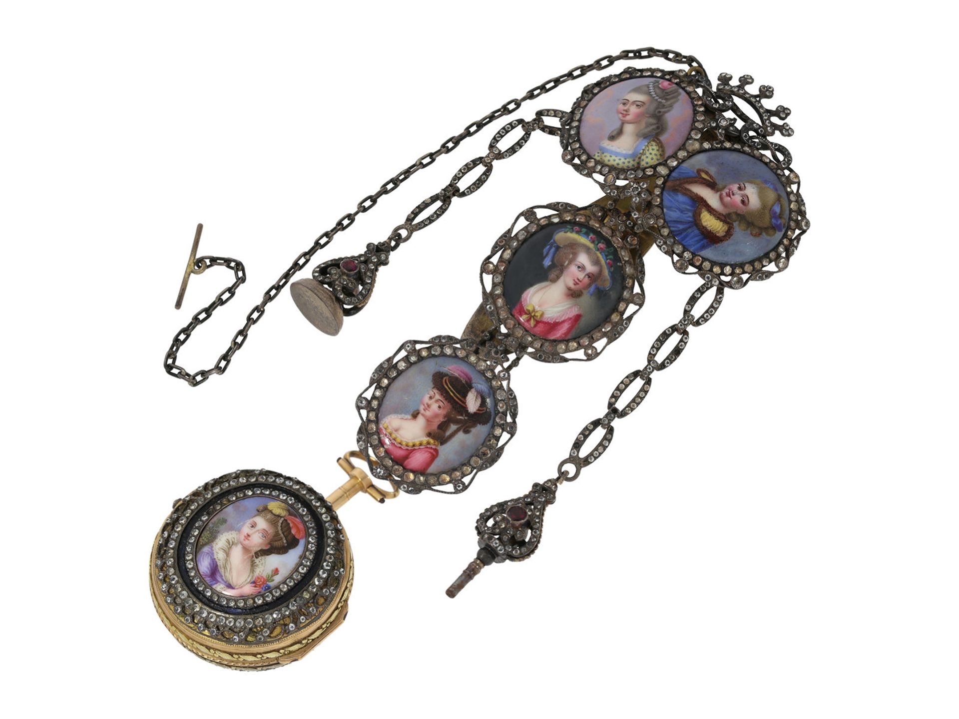 Pocket watch: museum-like and only known to us Abraham Colomby gold/ enamel verge watch with