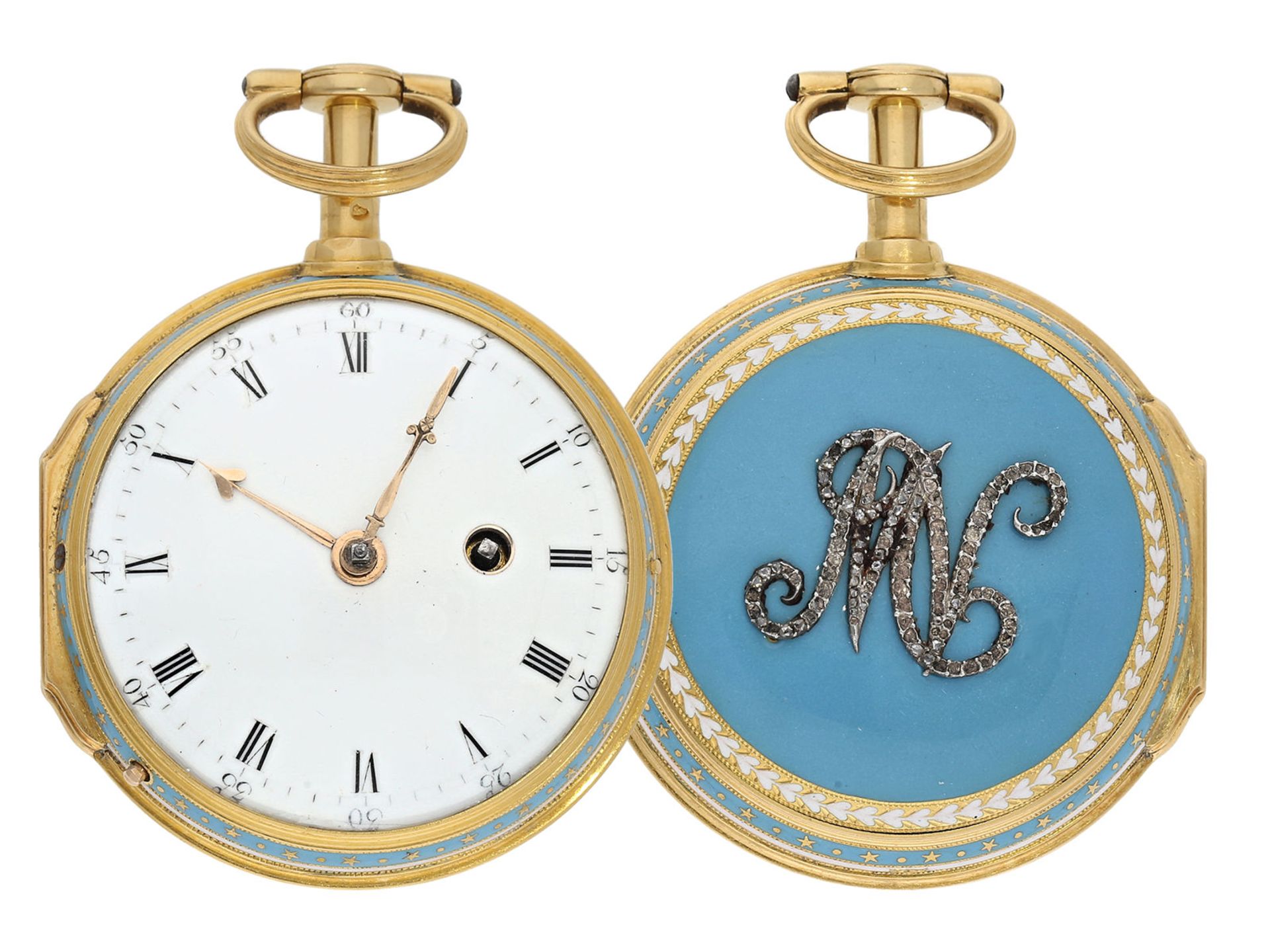 Pocket watch: exquisite gold/ enamel pocket watch with early cylinder escapement and diamond
