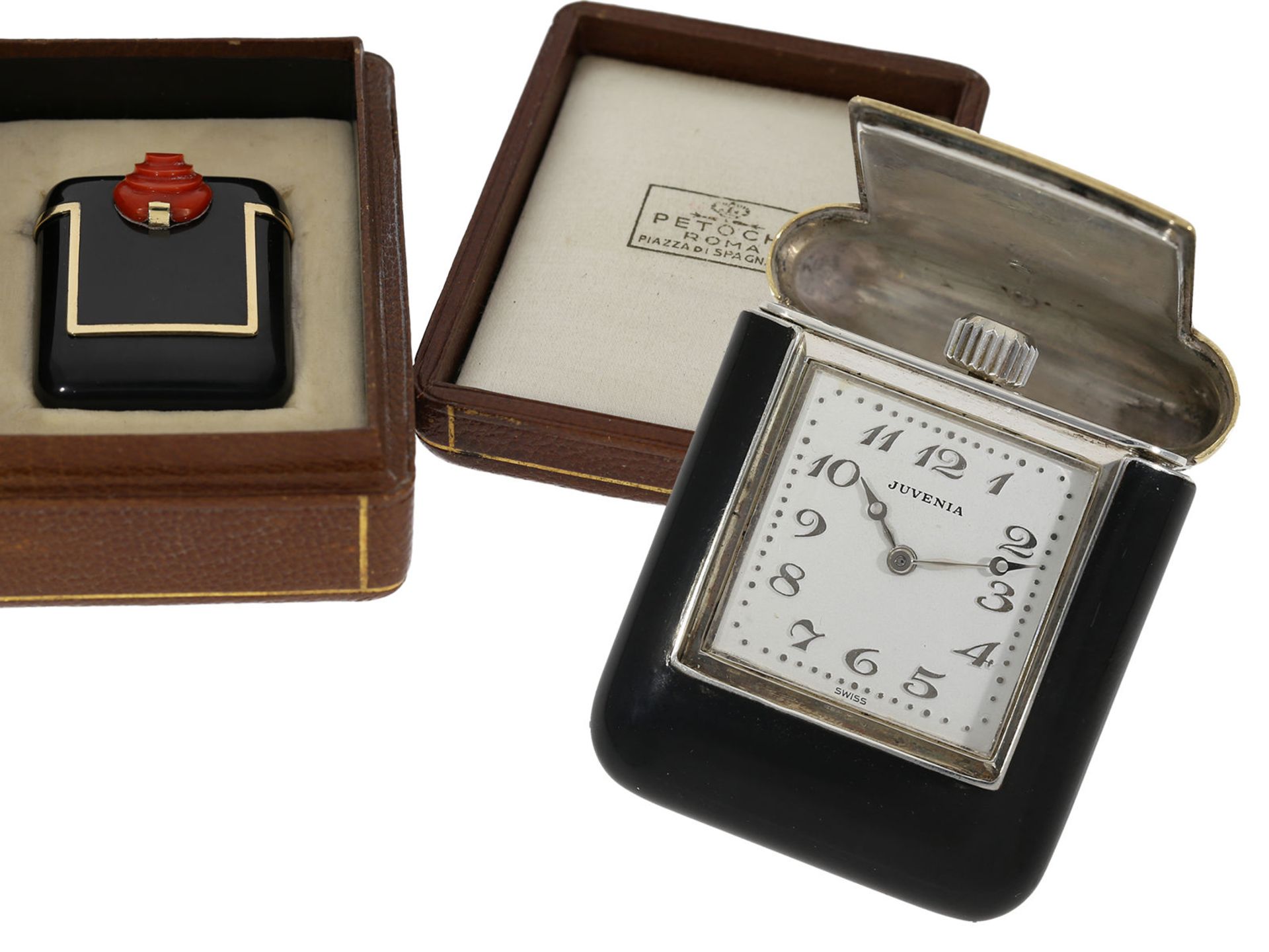 Pocket watch/ travel clock: exceptionally beautiful Art Deco travel clock with enamel case and