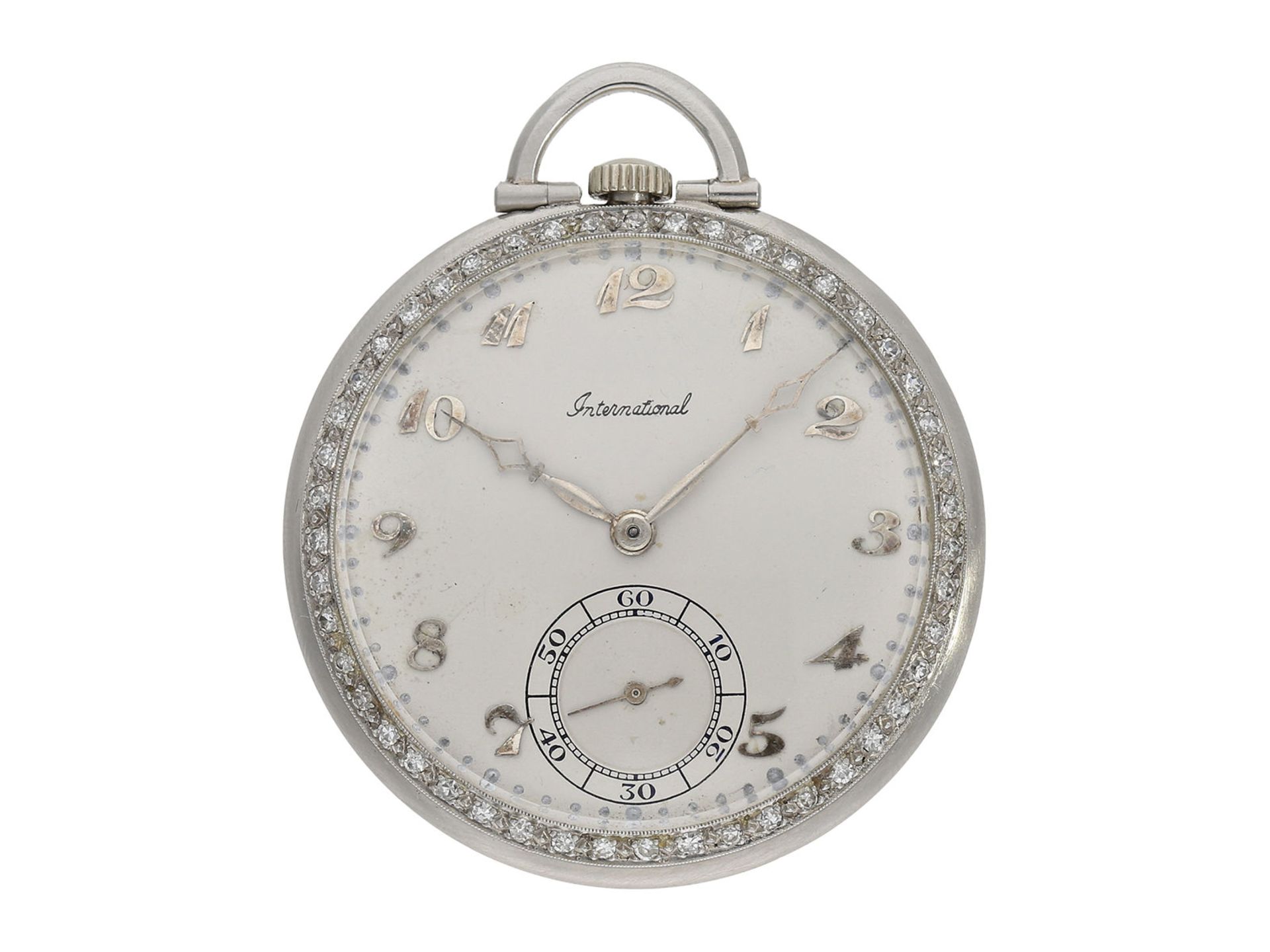 Pocket watch: extremely rare Art Deco dress watch with platinum case and diamond setting, IWC