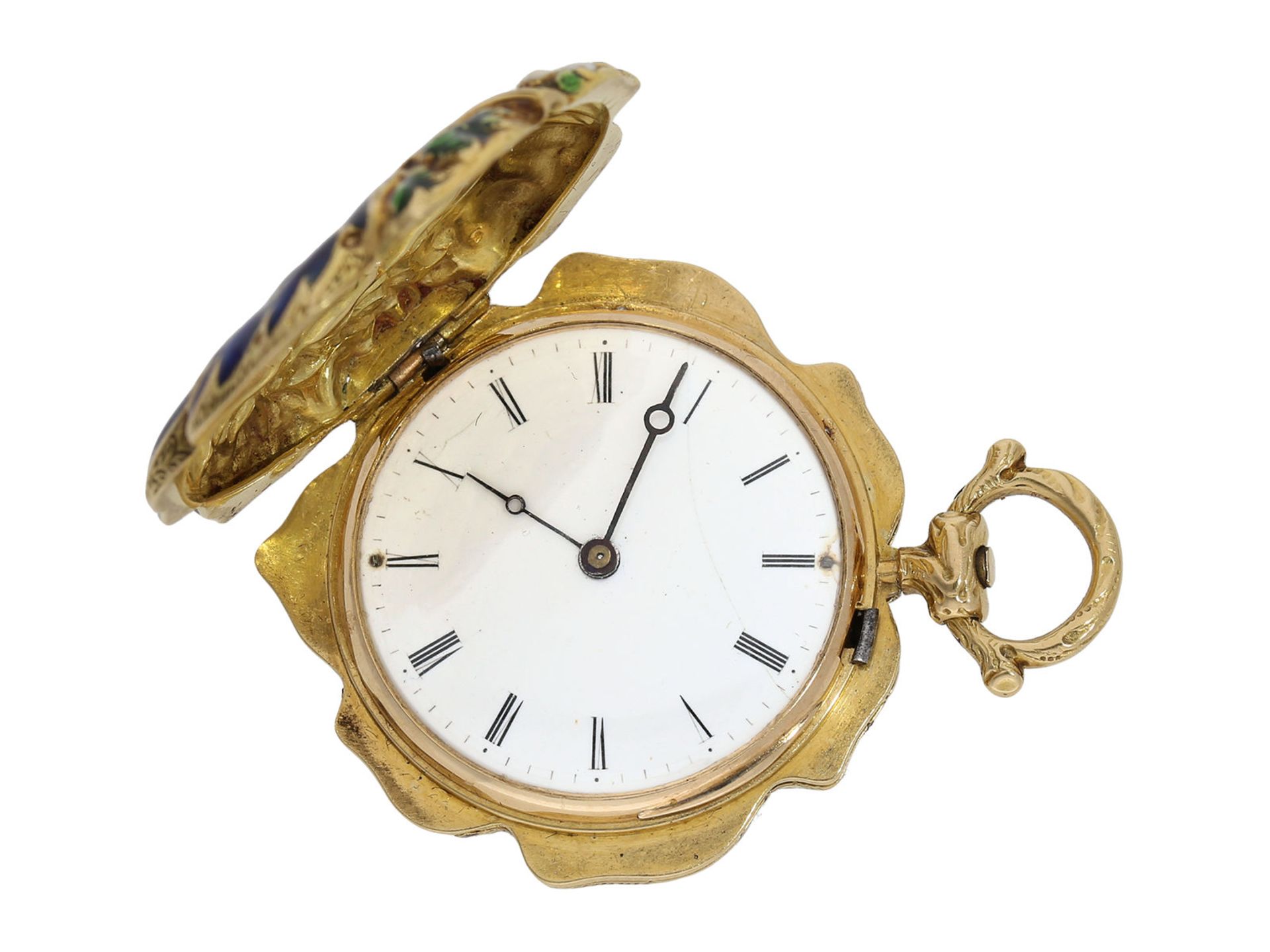 Form watch/ pendant watch: extremely rare gold/ enamel form watch with diamond setting "vine leaf, - Bild 5 aus 8