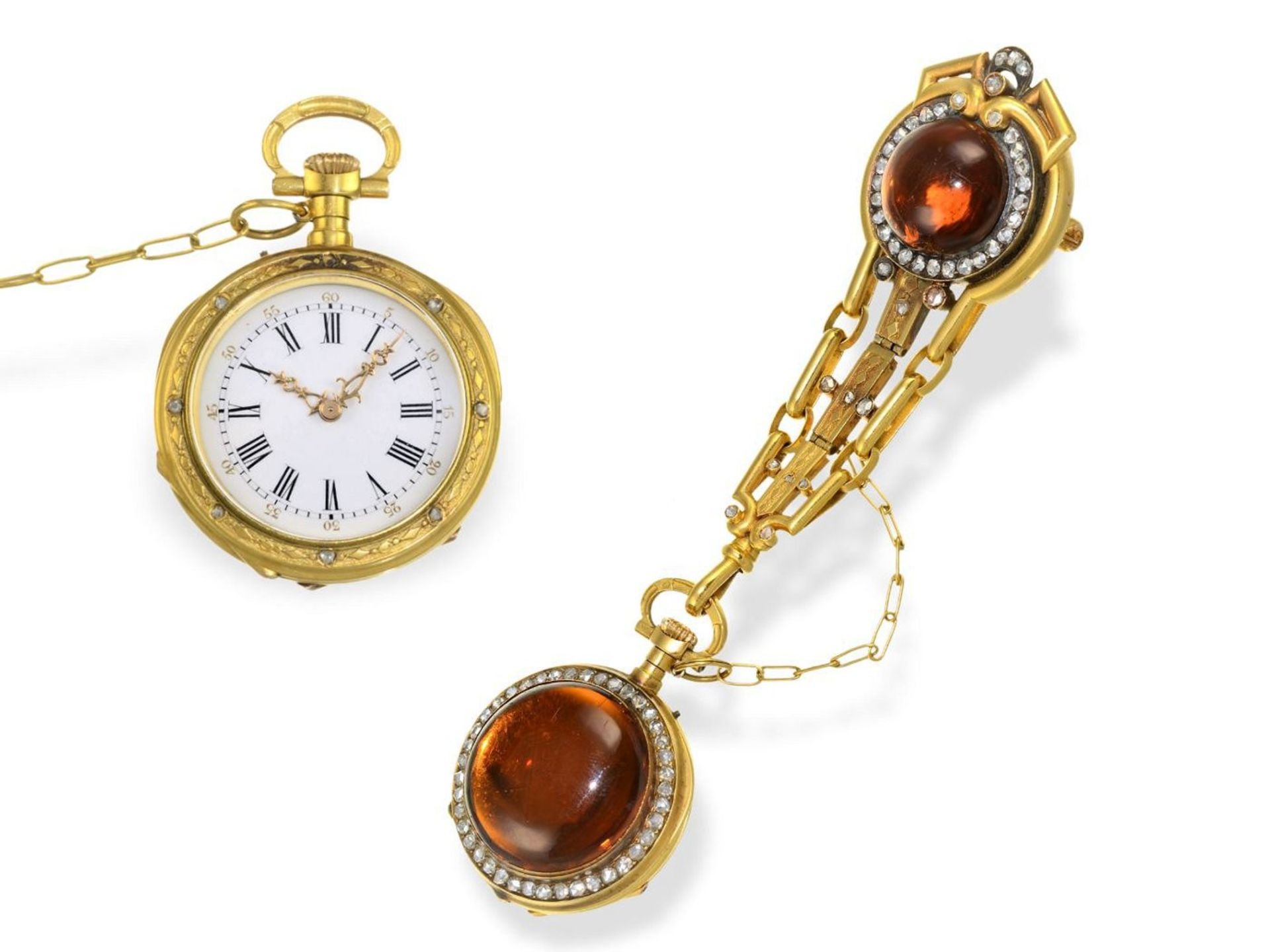 Pendant watch: exquisite French neo-Renaissance chatelaine watch with stone case and diamonds,