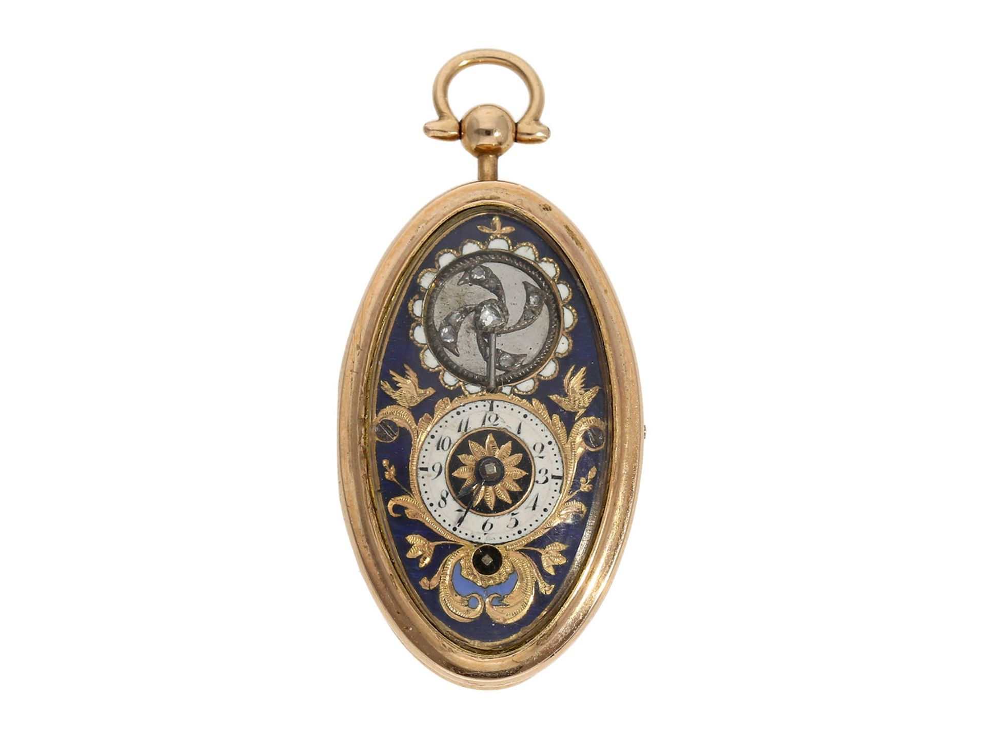 Pendant watch: oval miniature gold/ enamel pendant watch with diamond-set balance, attributed to - Bild 2 aus 11