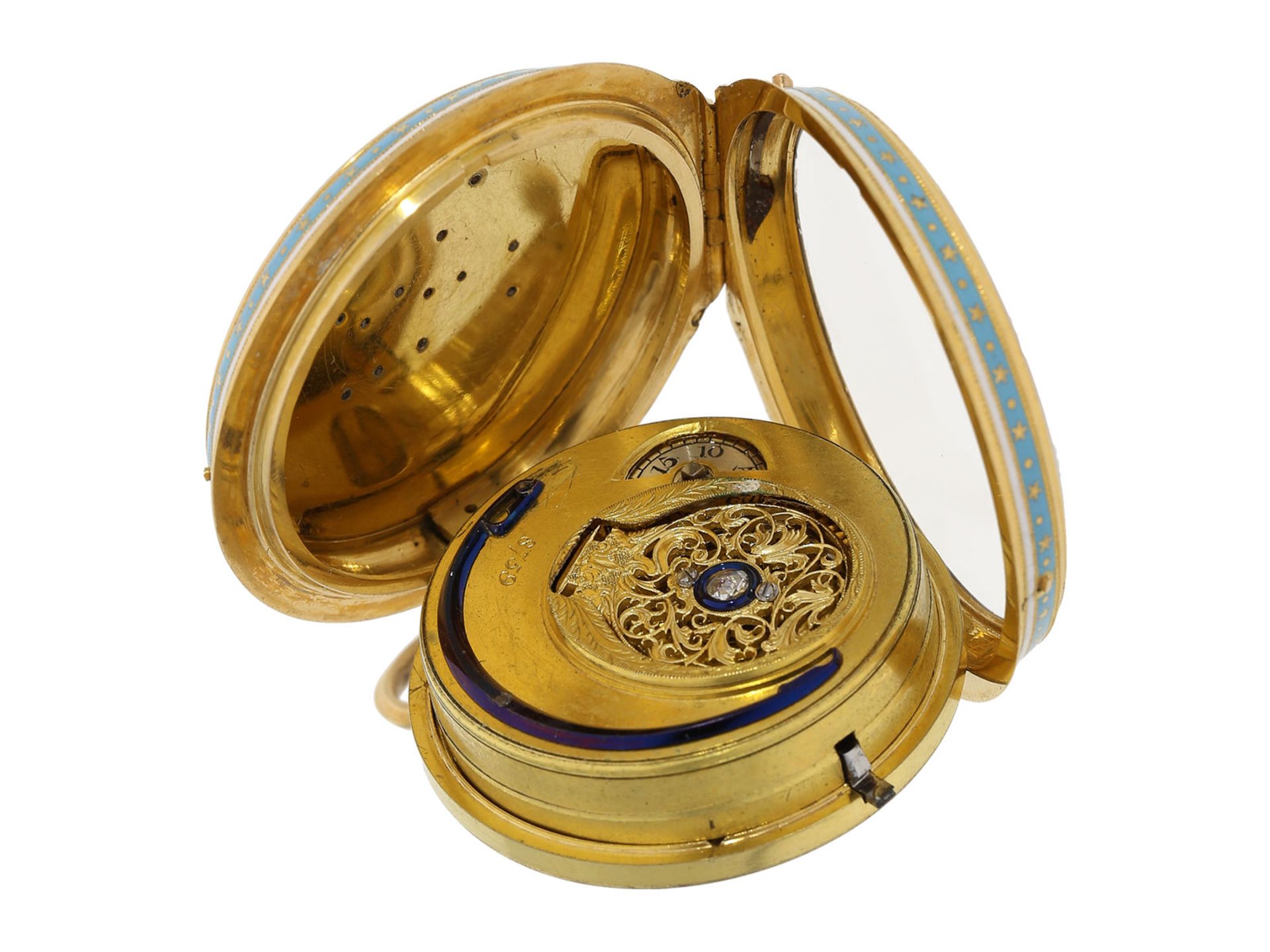 Pocket watch: exquisite gold/ enamel pocket watch with early cylinder escapement and diamond - Bild 4 aus 6