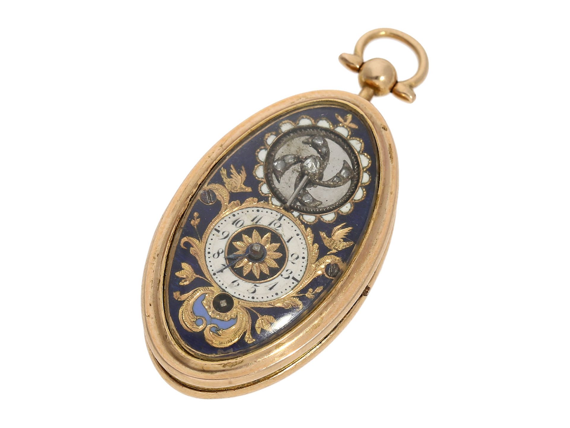 Pendant watch: oval miniature gold/ enamel pendant watch with diamond-set balance, attributed to - Bild 3 aus 11