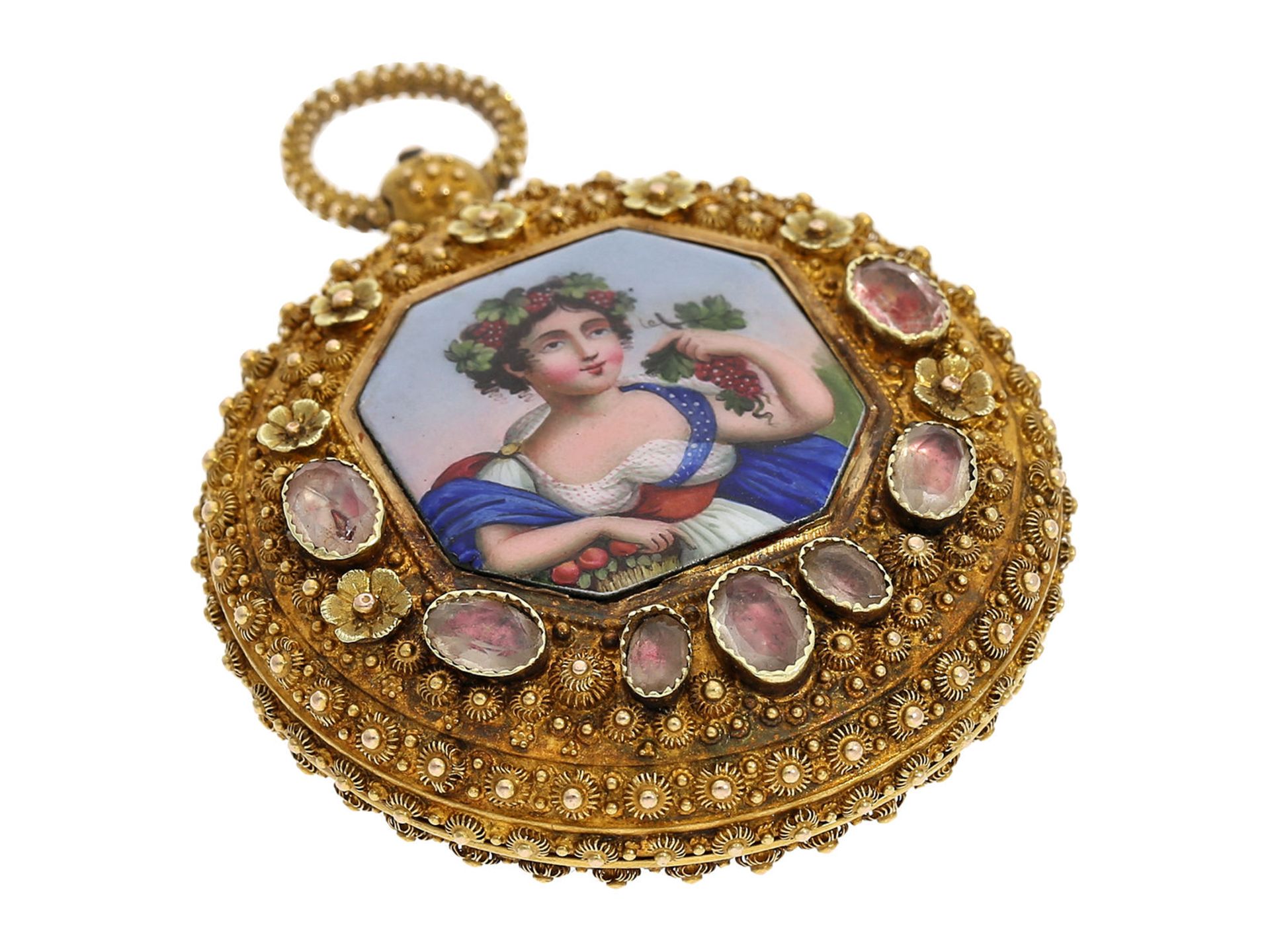 Pocket watch: gold splendour verge watch with special case decoration and very fine enamel - Bild 5 aus 6