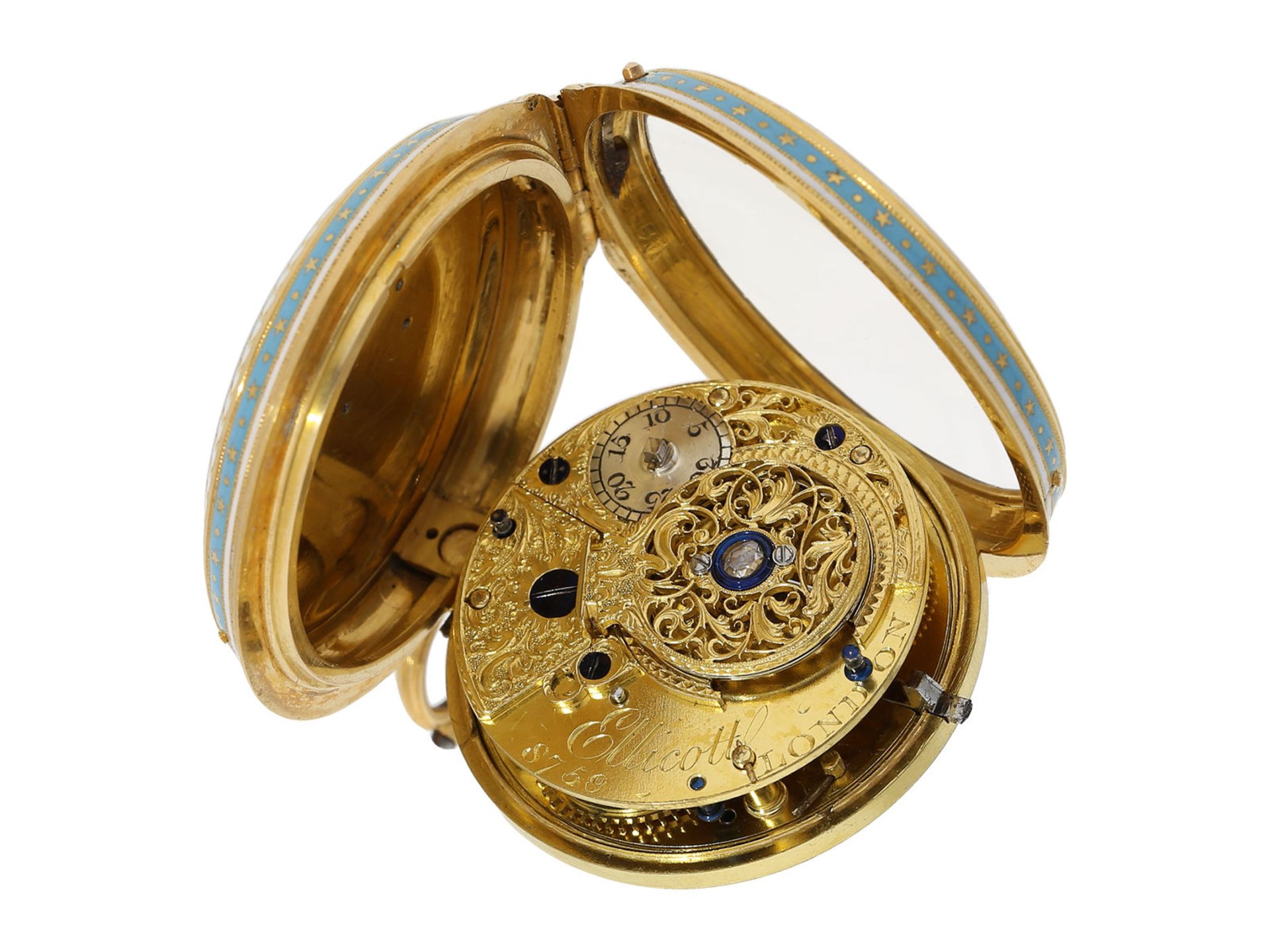 Pocket watch: exquisite gold/ enamel pocket watch with early cylinder escapement and diamond - Bild 5 aus 6