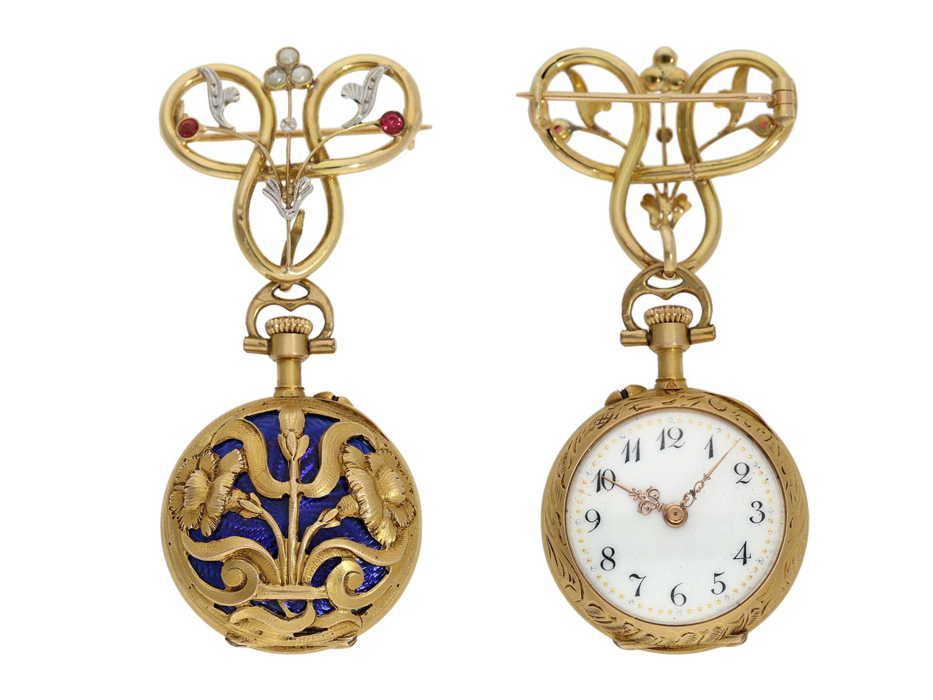 Pendant watch/ brooch: extremely beautiful Le Coultre gold/ enamel Art Nouveau lady's watch with