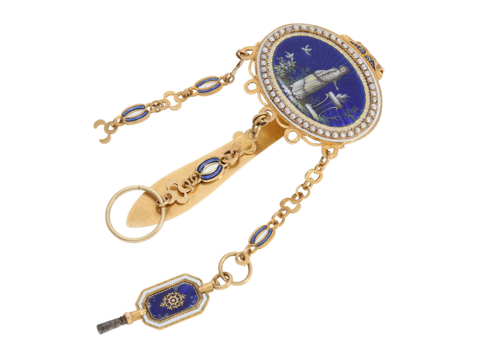 Pocket watch: large and very fine gold/ enamel verge watch set with pearls on both sides and - Bild 7 aus 7