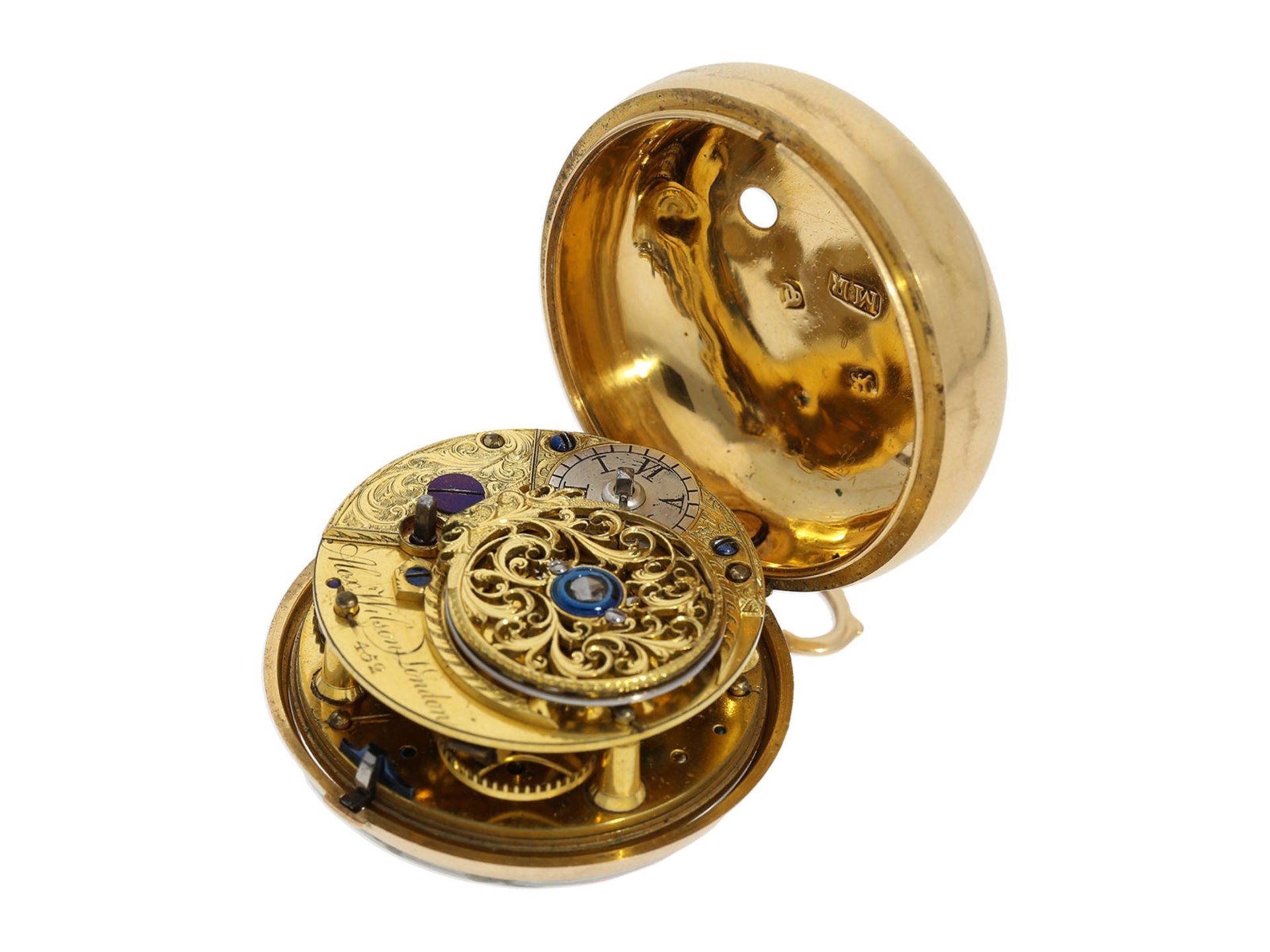 Pocket watch: English pair case gold/ enamel verge watch with very rare still life painting, Alex - Bild 8 aus 8