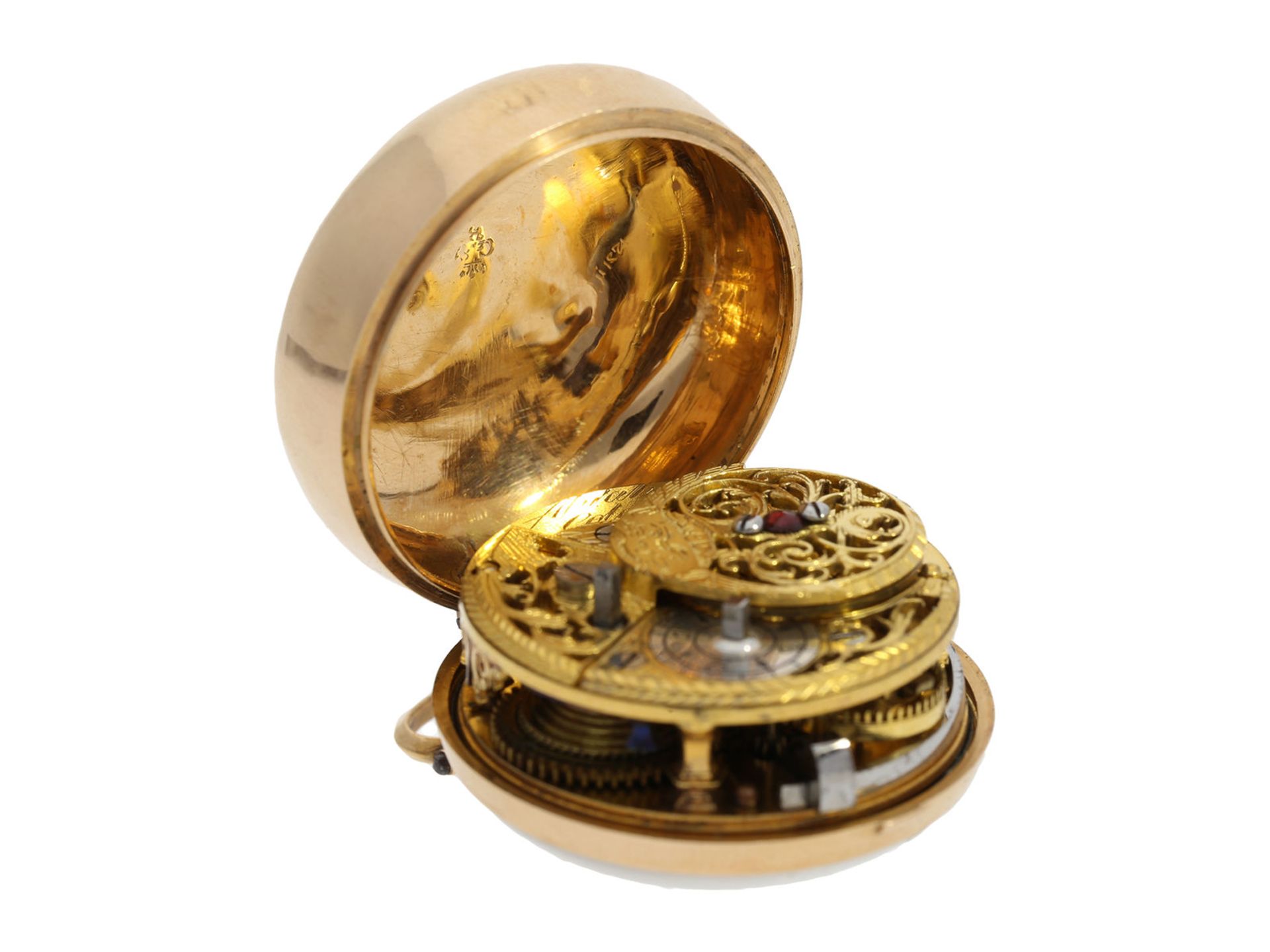 Pocket watch: museum-like and only known to us Abraham Colomby gold/ enamel verge watch with - Bild 8 aus 8