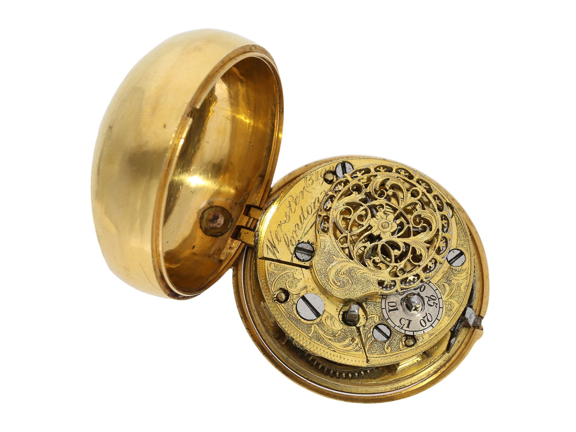 Pocket watch: early English 18K gold repousse pair case verge watch, signed Wersten London, - Bild 5 aus 9