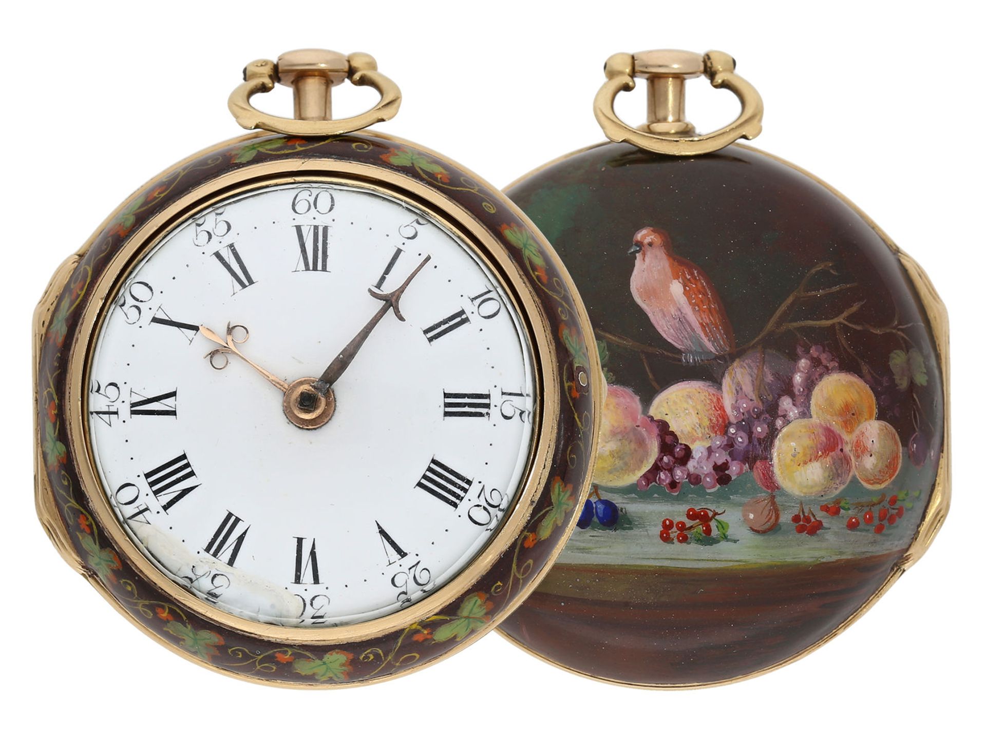 Pocket watch: English pair case gold/ enamel verge watch with very rare still life painting, Alex