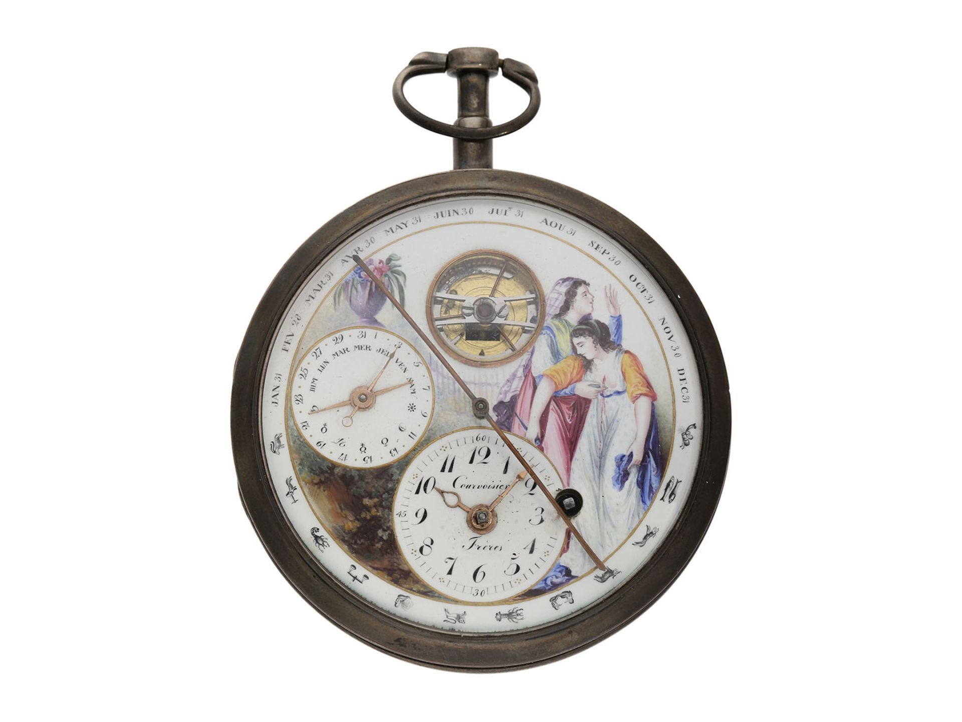 Pocket watch: very interesting, especially large astronomical verge watch with enamel painting,