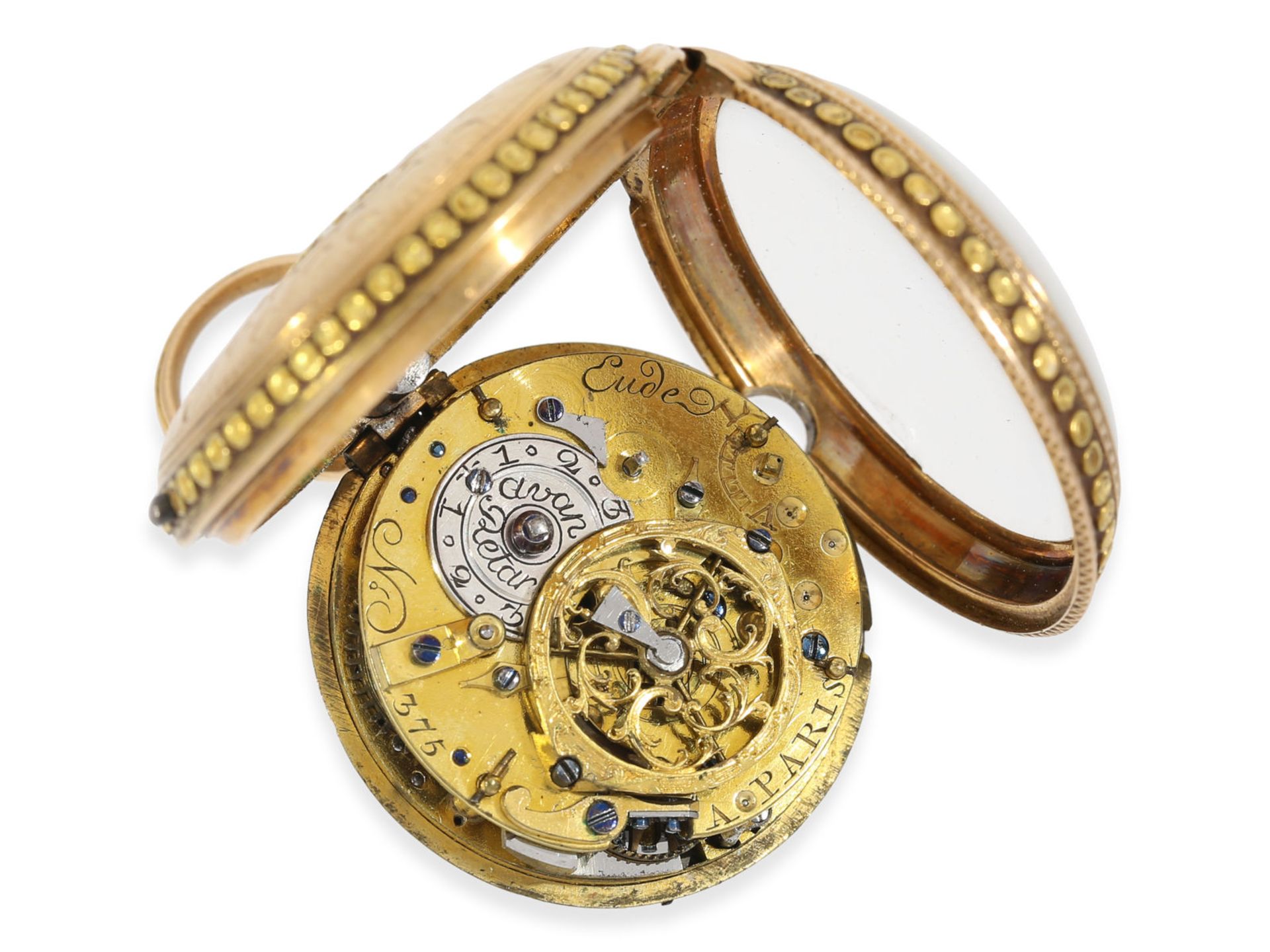 Pocket watch: gold Louis XV verge watch repeater with chatelaine and original sales box, signed Au - Bild 6 aus 8