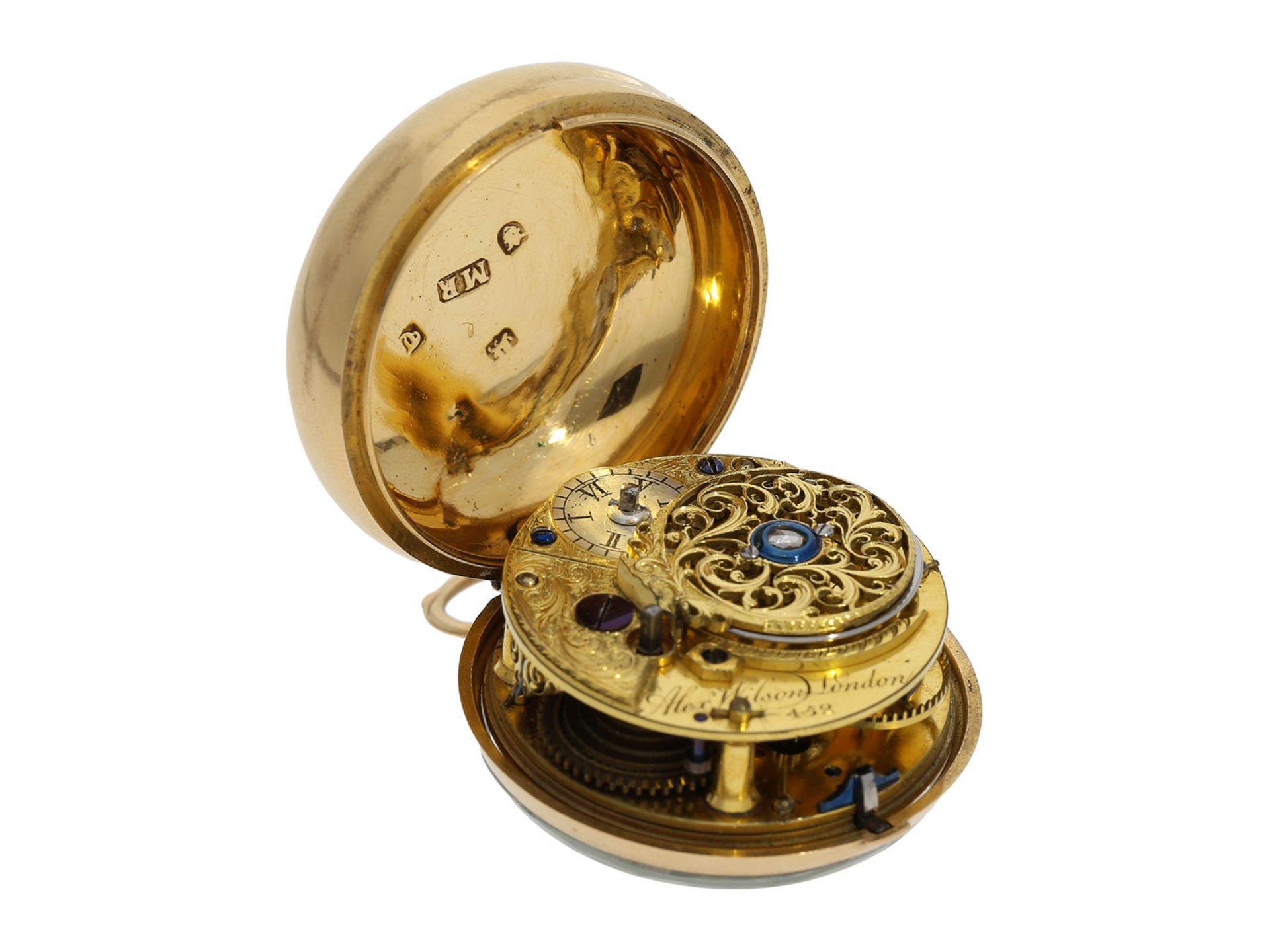 Pocket watch: English pair case gold/ enamel verge watch with very rare still life painting, Alex - Bild 6 aus 8