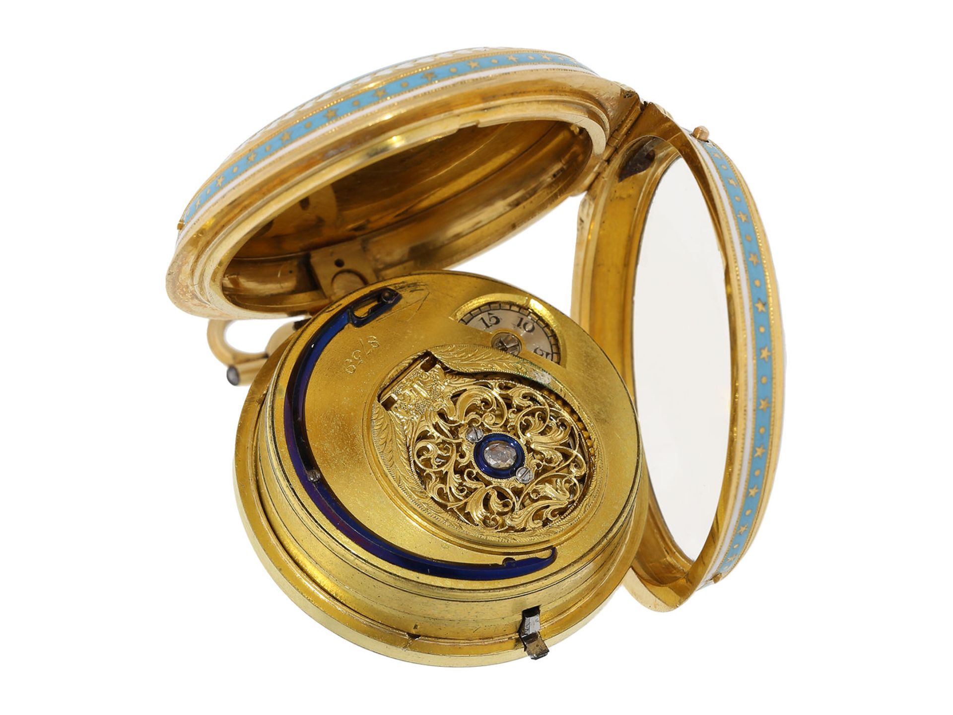 Pocket watch: exquisite gold/ enamel pocket watch with early cylinder escapement and diamond - Bild 3 aus 6