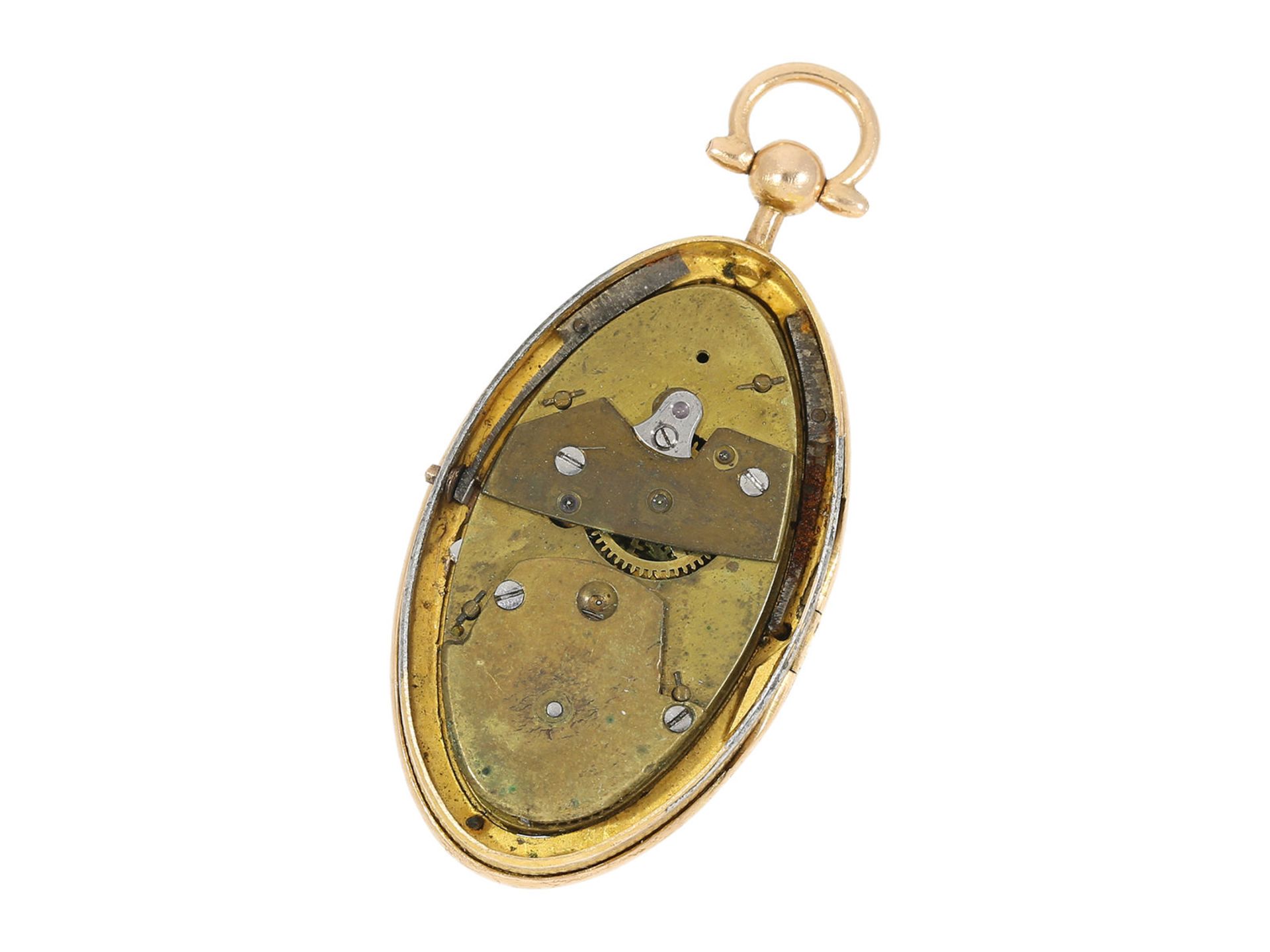 Pendant watch: oval miniature gold/ enamel pendant watch with diamond-set balance, attributed to - Bild 9 aus 11