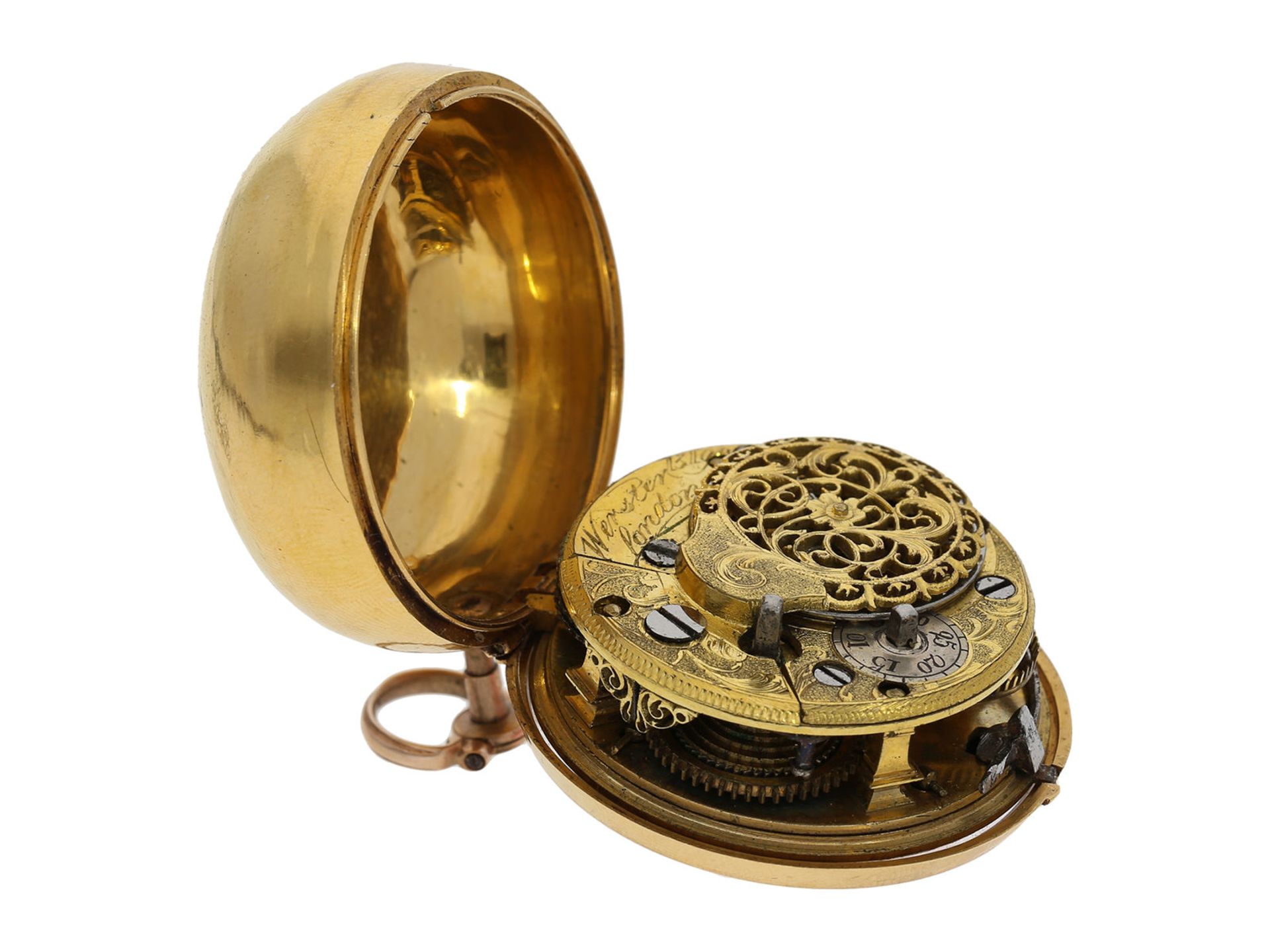 Pocket watch: early English 18K gold repousse pair case verge watch, signed Wersten London, - Bild 7 aus 9