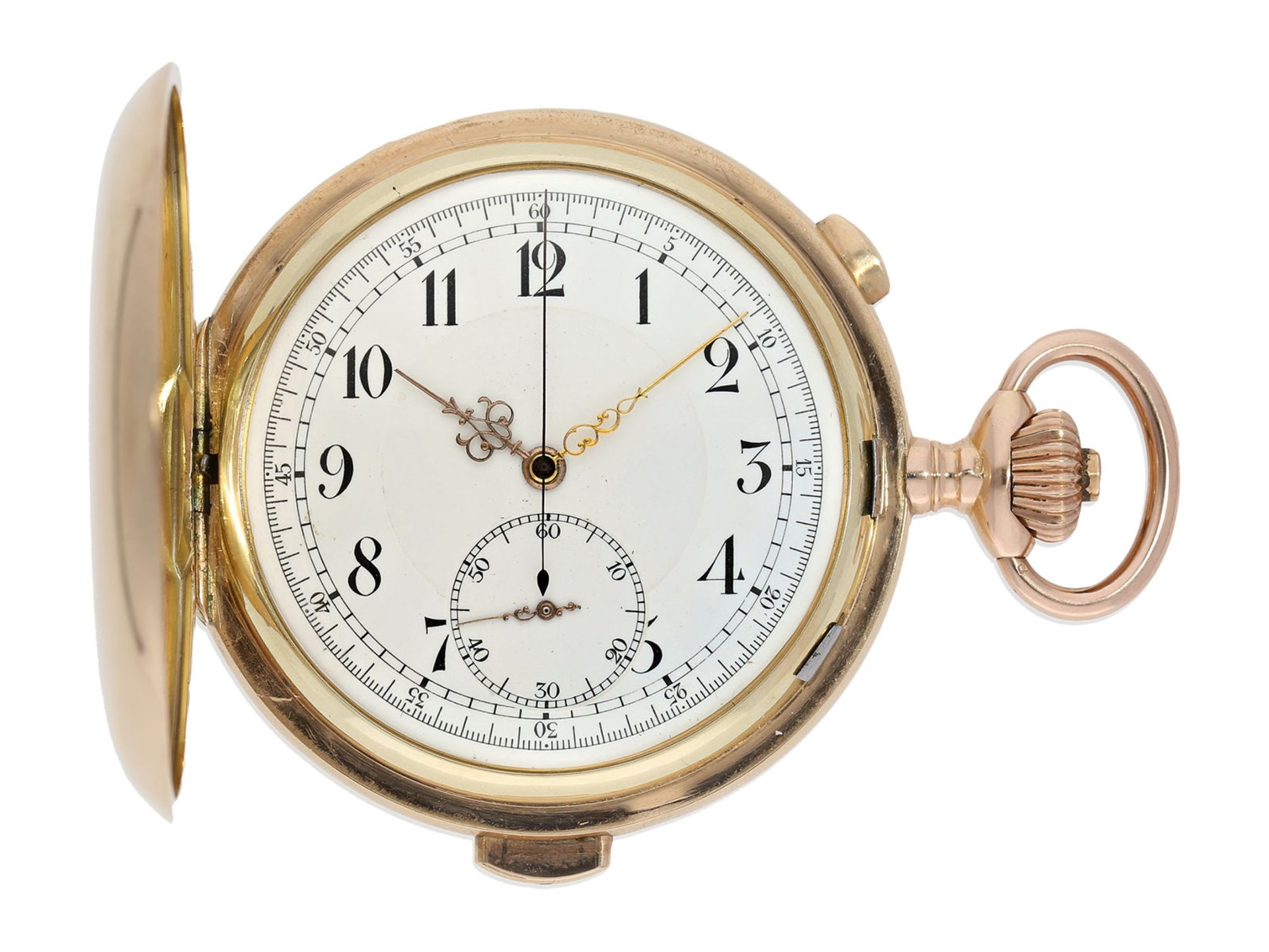 Pocket watch: especially large and heavy Swiss gold hunting case minute repeater with chronograph,