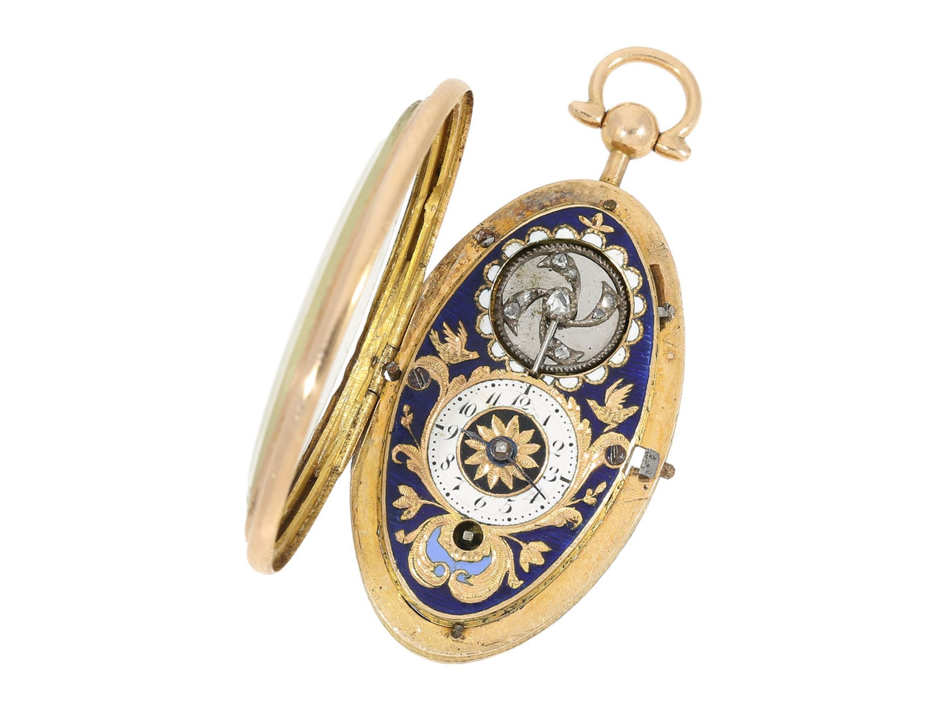 Pendant watch: oval miniature gold/ enamel pendant watch with diamond-set balance, attributed to - Bild 8 aus 11