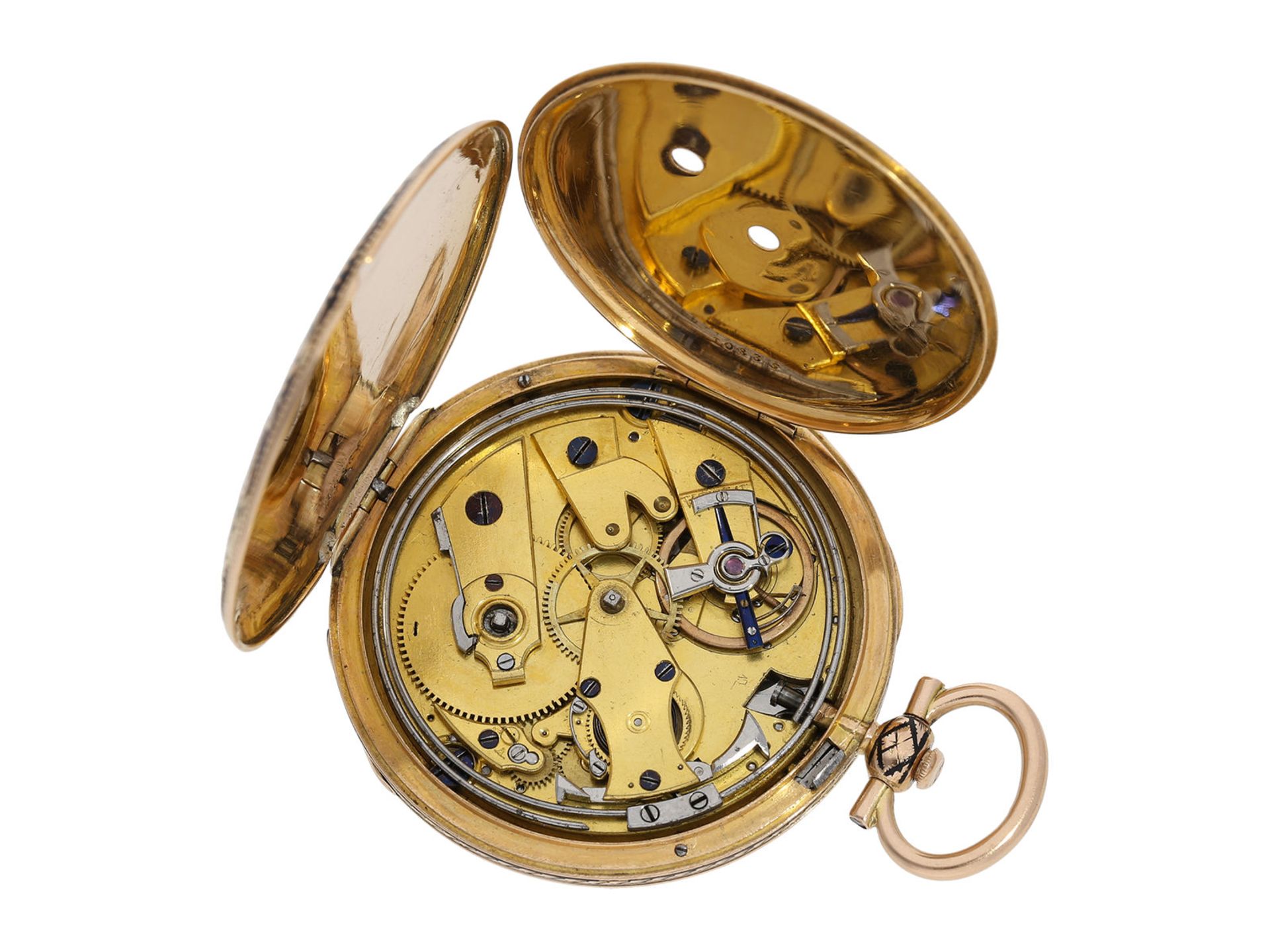 Pocket watch: magnificent gold/ enamel Lepine with rare case decoration and repeater, fine calibre - Bild 2 aus 7