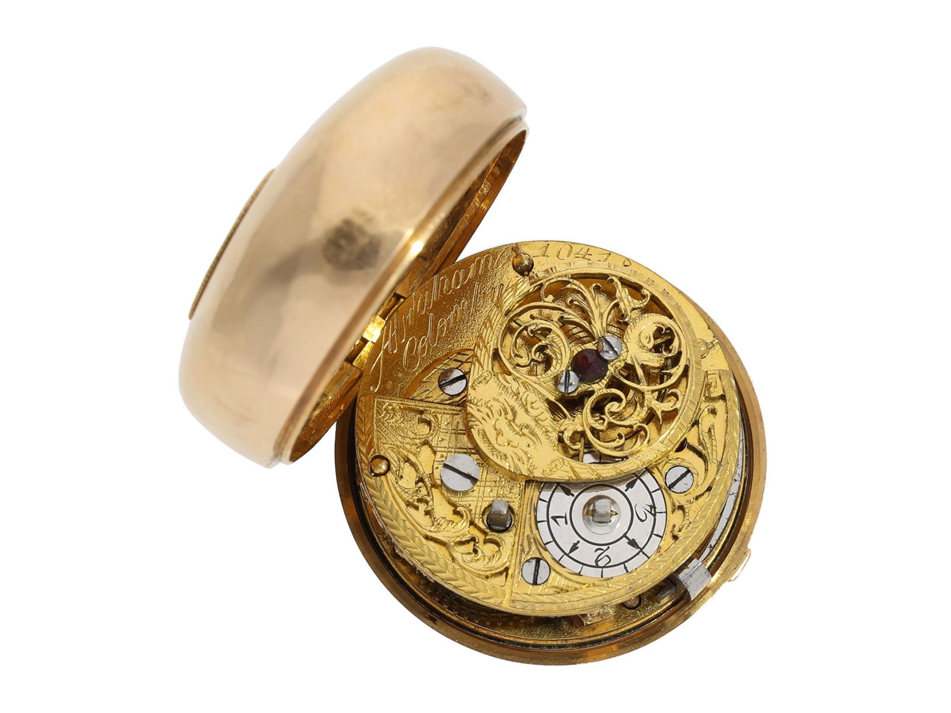 Pocket watch: museum-like and only known to us Abraham Colomby gold/ enamel verge watch with - Bild 6 aus 8