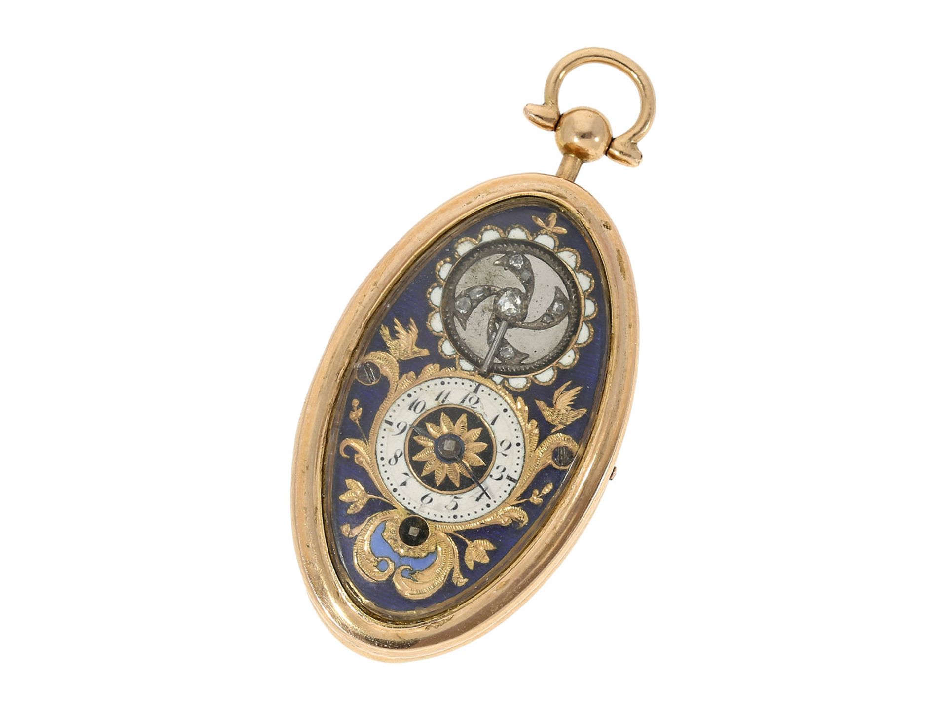 Pendant watch: oval miniature gold/ enamel pendant watch with diamond-set balance, attributed to