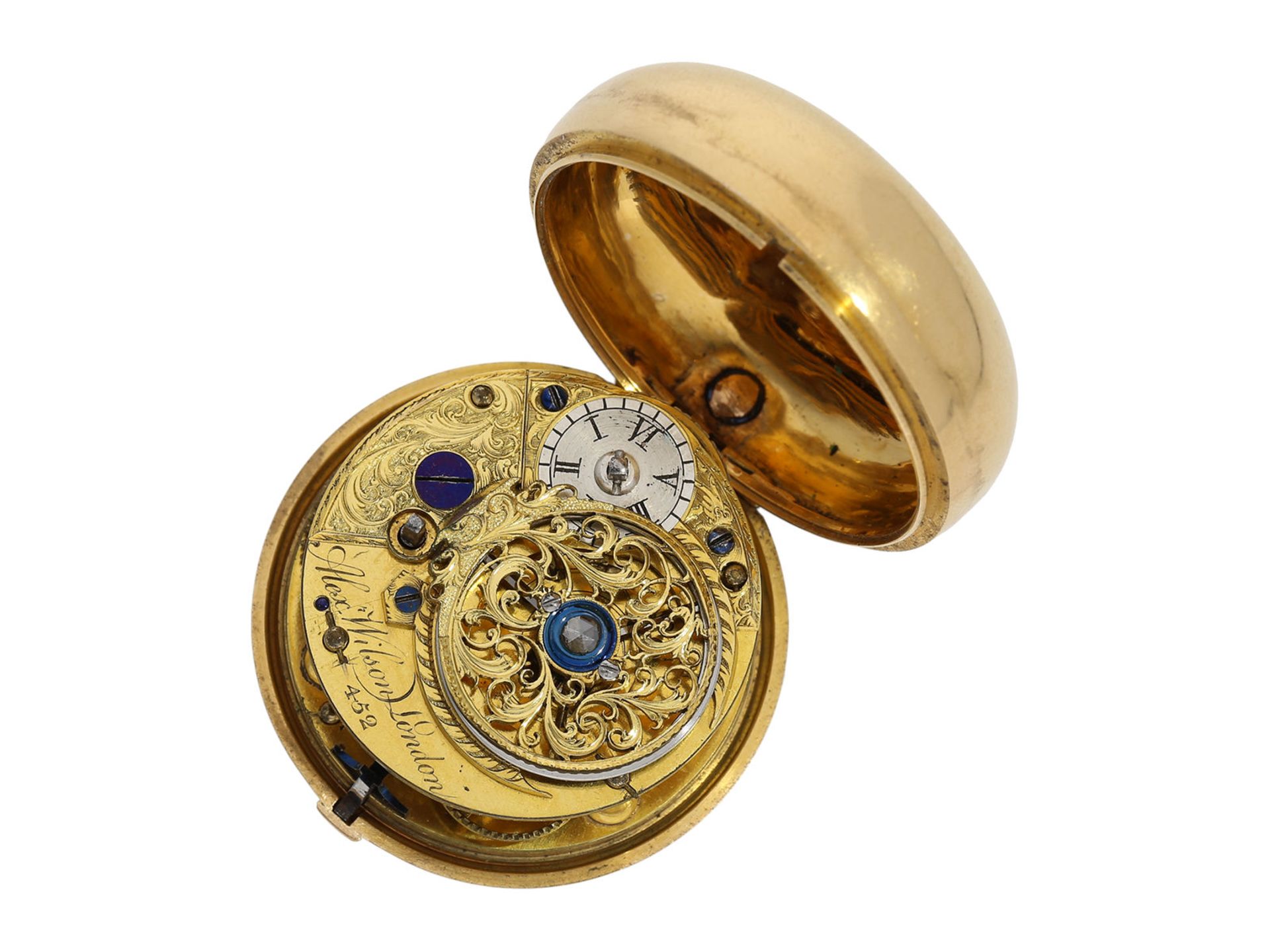 Pocket watch: English pair case gold/ enamel verge watch with very rare still life painting, Alex - Bild 7 aus 8