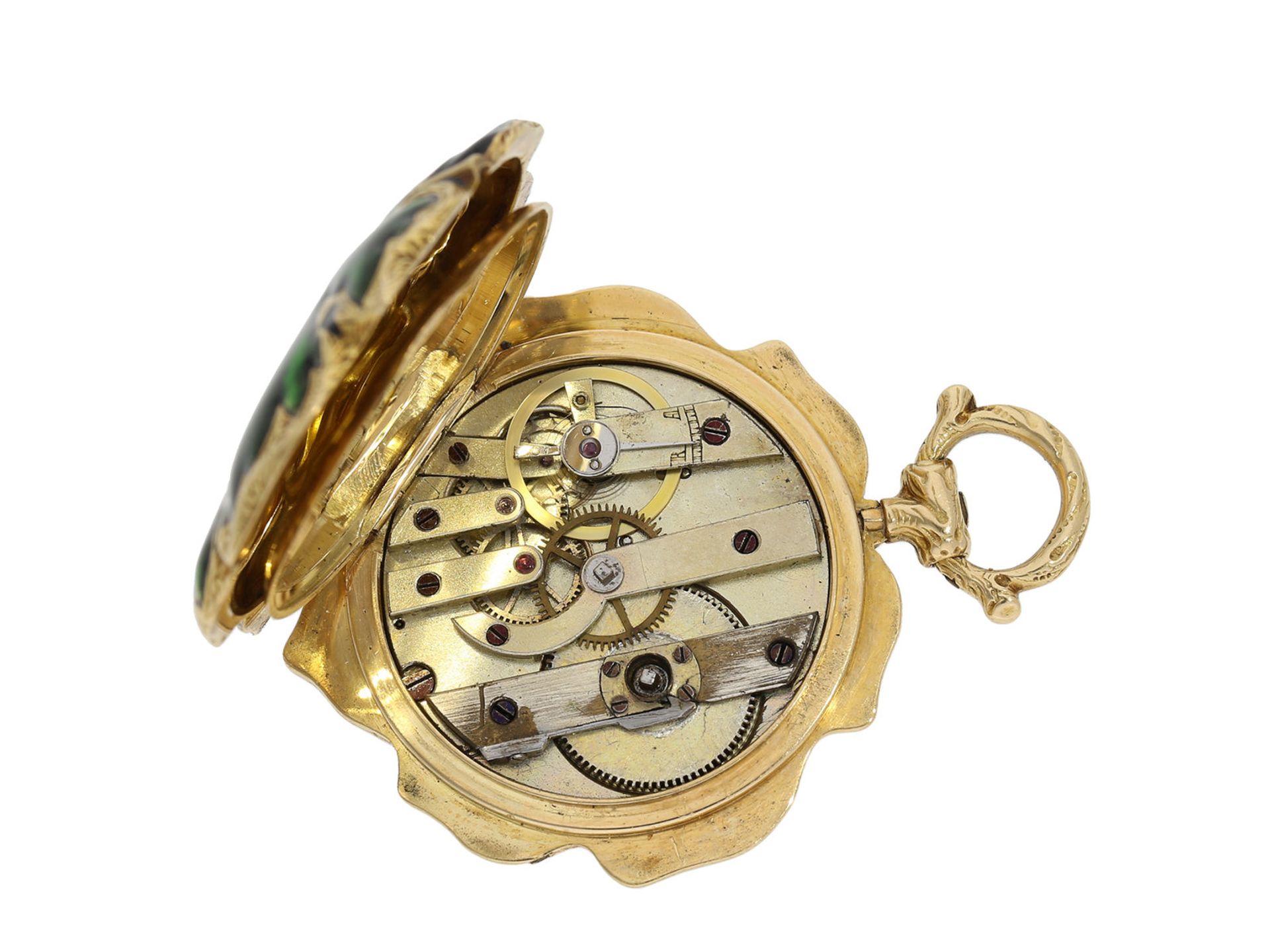 Form watch/ pendant watch: extremely rare gold/ enamel form watch with diamond setting "vine leaf, - Bild 7 aus 8