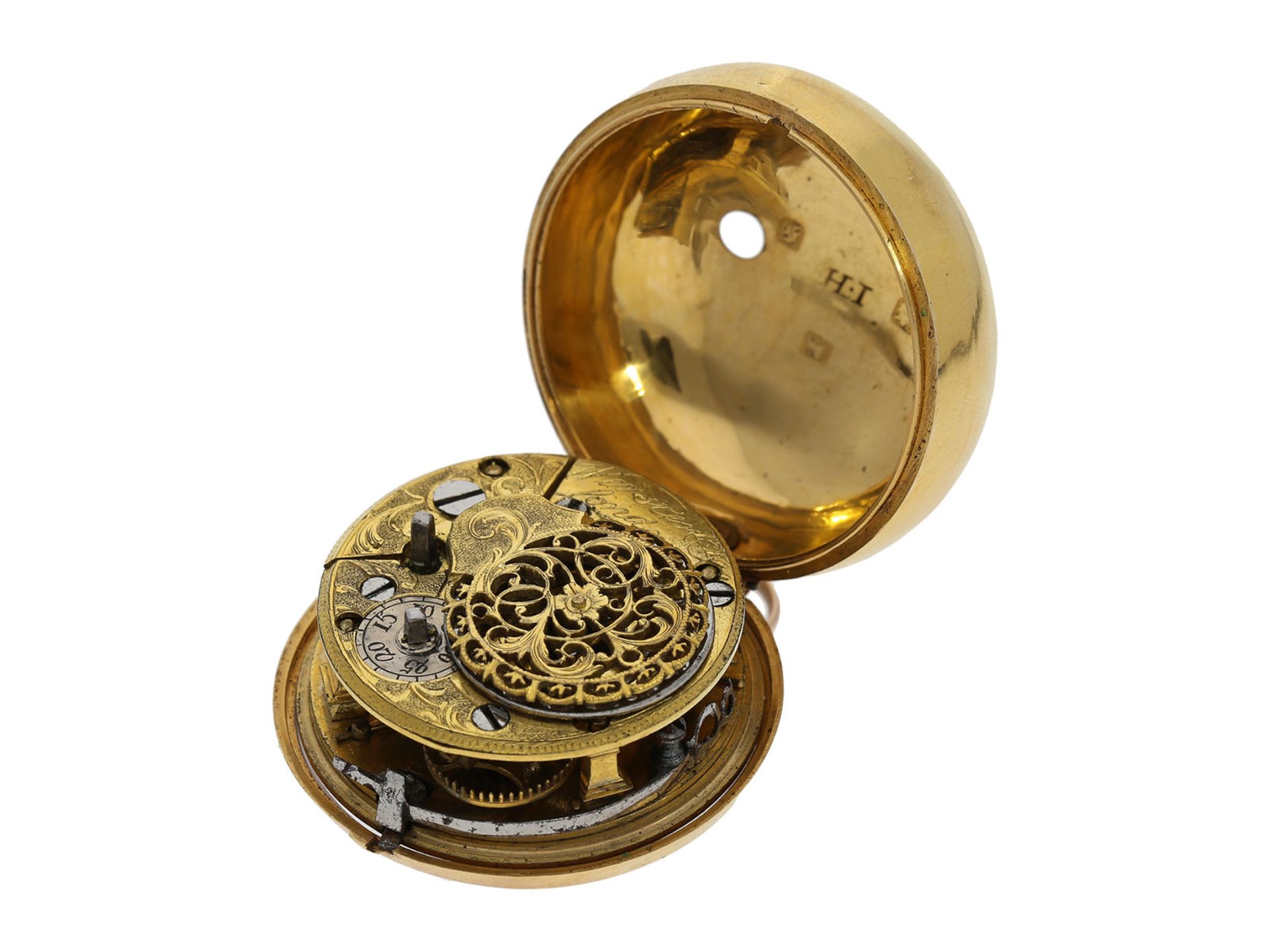 Pocket watch: early English 18K gold repousse pair case verge watch, signed Wersten London, - Bild 8 aus 9