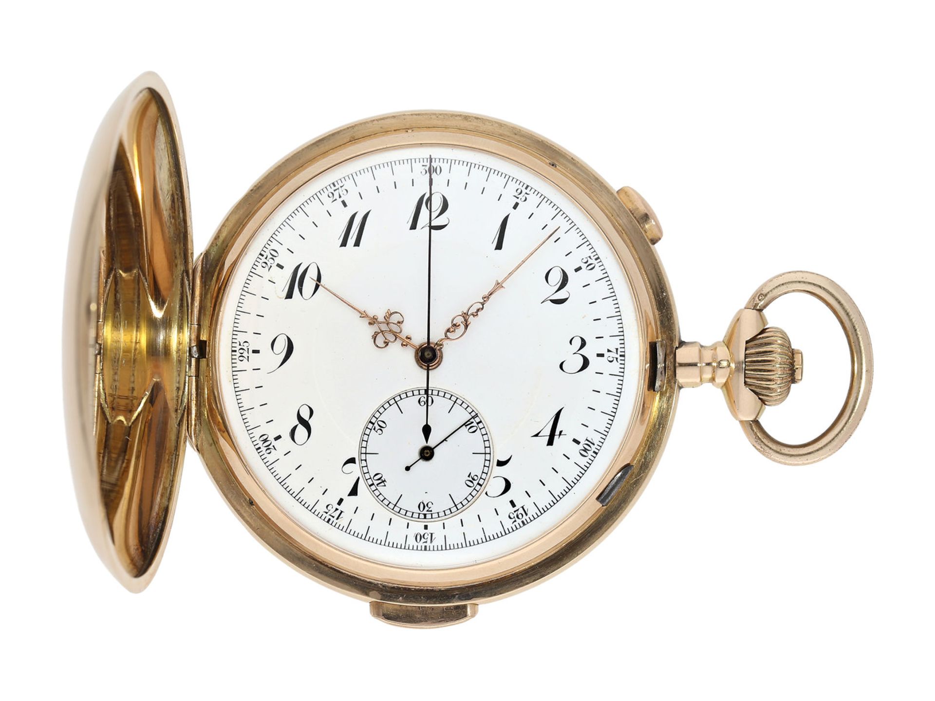 Pocket watch: large Swiss gold hunting case repeater with chronograph, brand Invicta, No. 77372, ca.