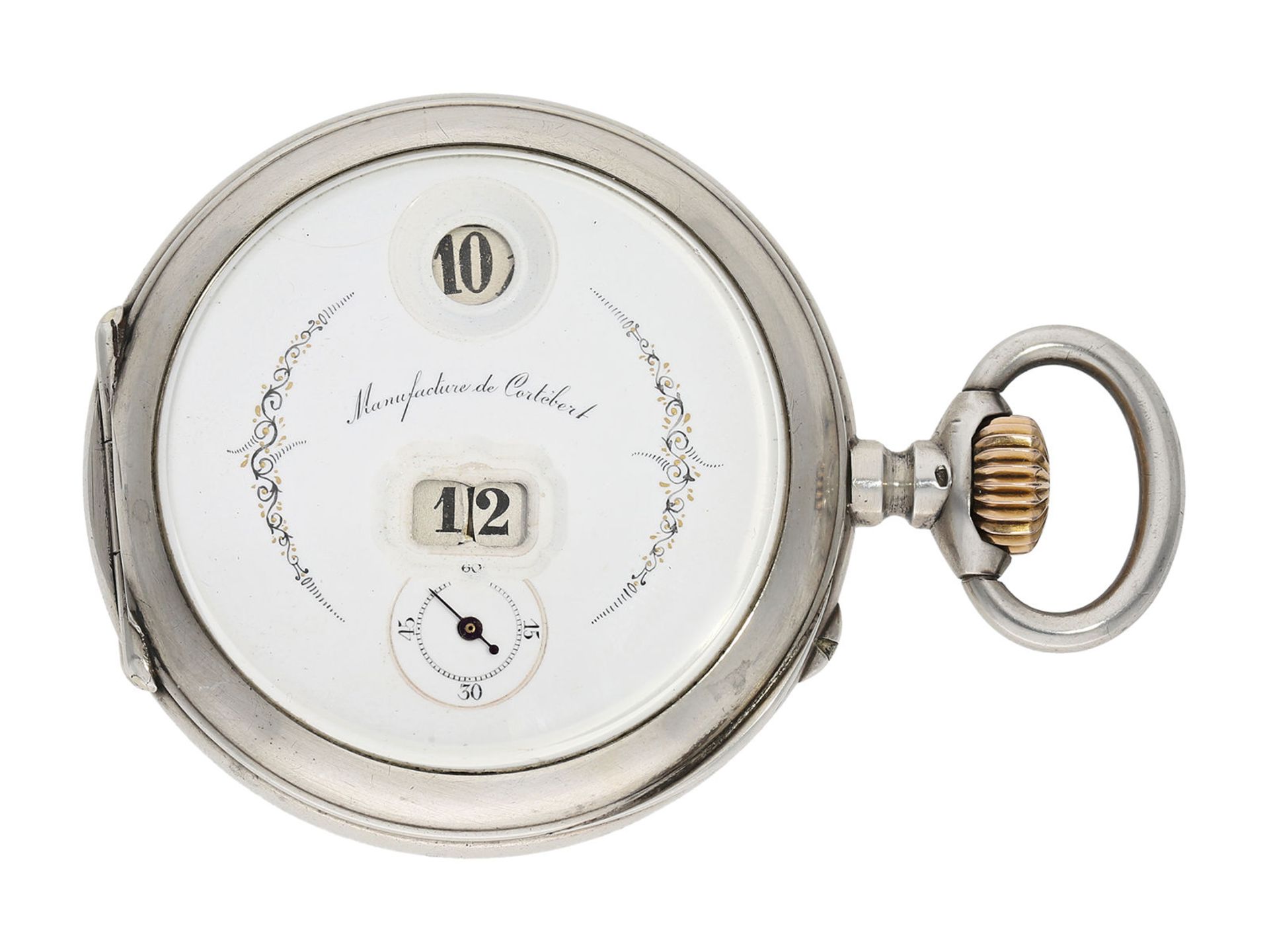 Pocket watch: rare digital pocket watch with jumping hour and jumping minute, Pallweber system,