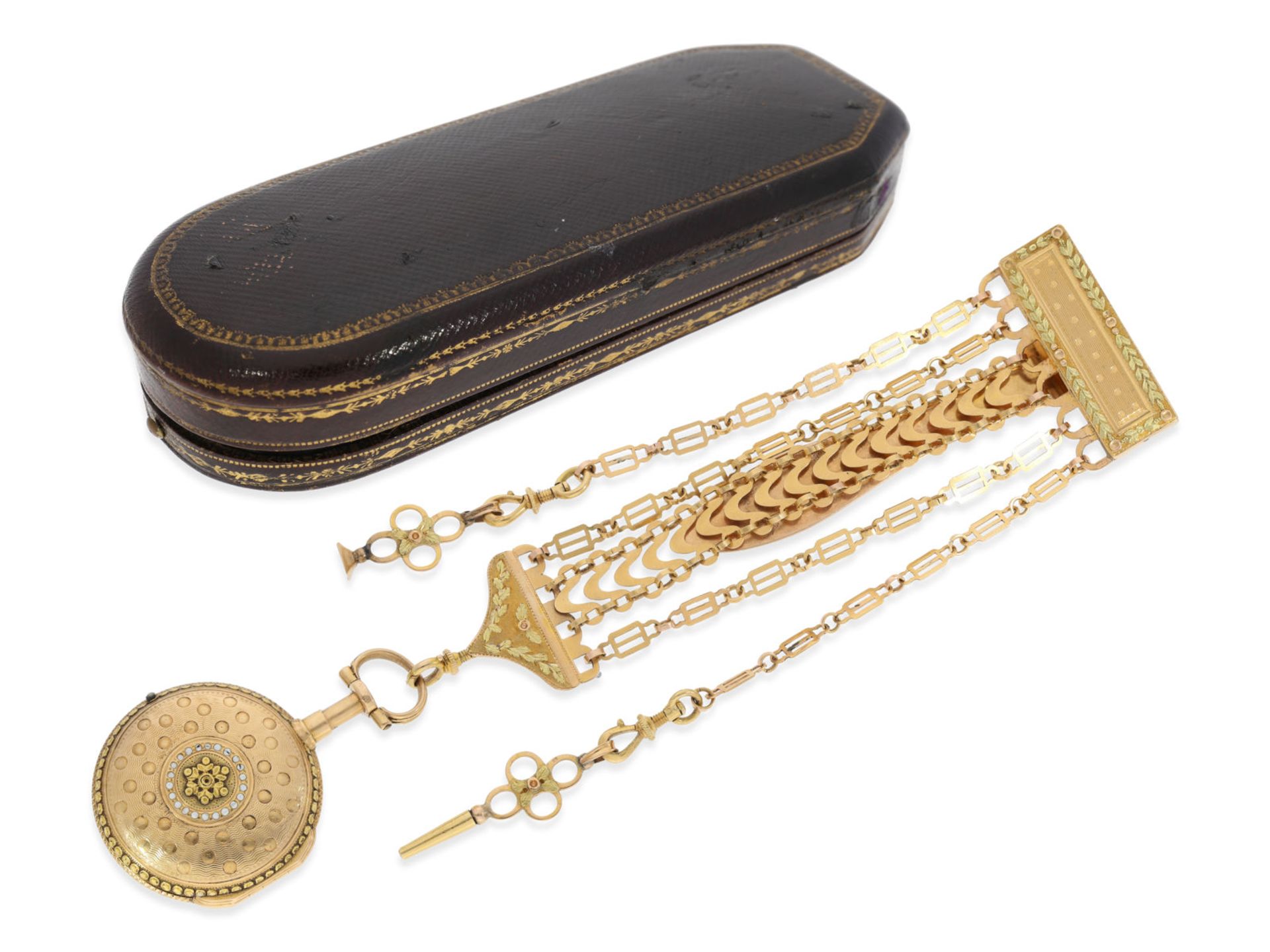 Pocket watch: gold Louis XV verge watch repeater with chatelaine and original sales box, signed Au