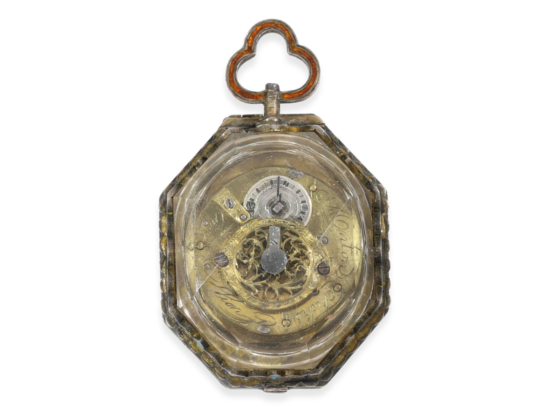 Pendant watch: octagonal enamelled rock crystal pendant watch, Anton Fichs in Vienna, ca.1800Ca. - Bild 2 aus 6