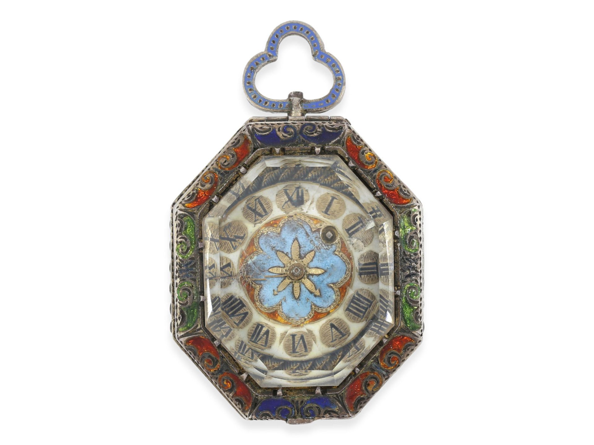 Pendant watch: octagonal enamelled rock crystal pendant watch, Anton Fichs in Vienna, ca.1800Ca.